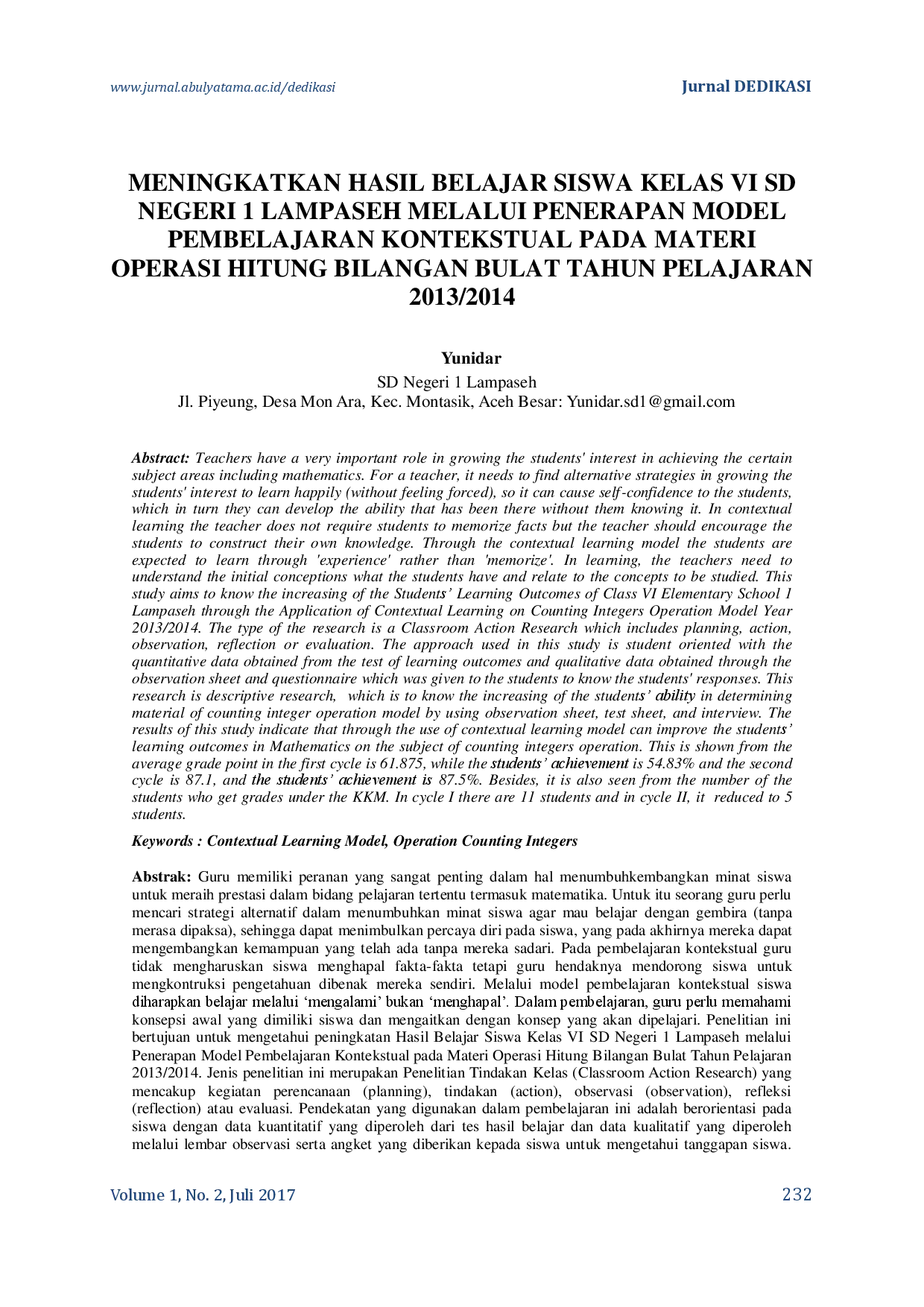 juris Meningkatkan Hasil Belajar Siswa Kelas VI SD Negeri 1 Lampaseh Melalui Penerapan Model Pembelajaran Kontekstual Pada Materi Operasi Hitung Bilangan Bulat Tahun Pelajaran 2013 2014