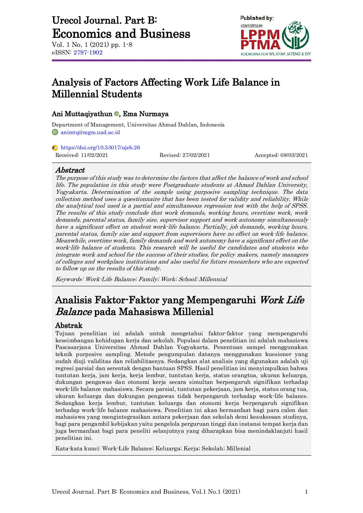JURIS Analysis of Factors Affecting Work Life Balance in Millennial Students