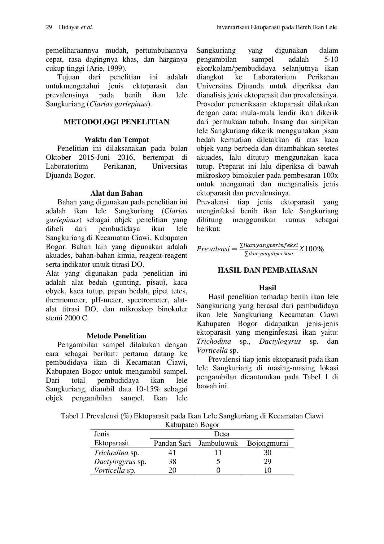 JURIS INVENTARISASI EKTOPARASIT PADA BENIH IKAN LELE SANGKURIANG Clarias gariepinus