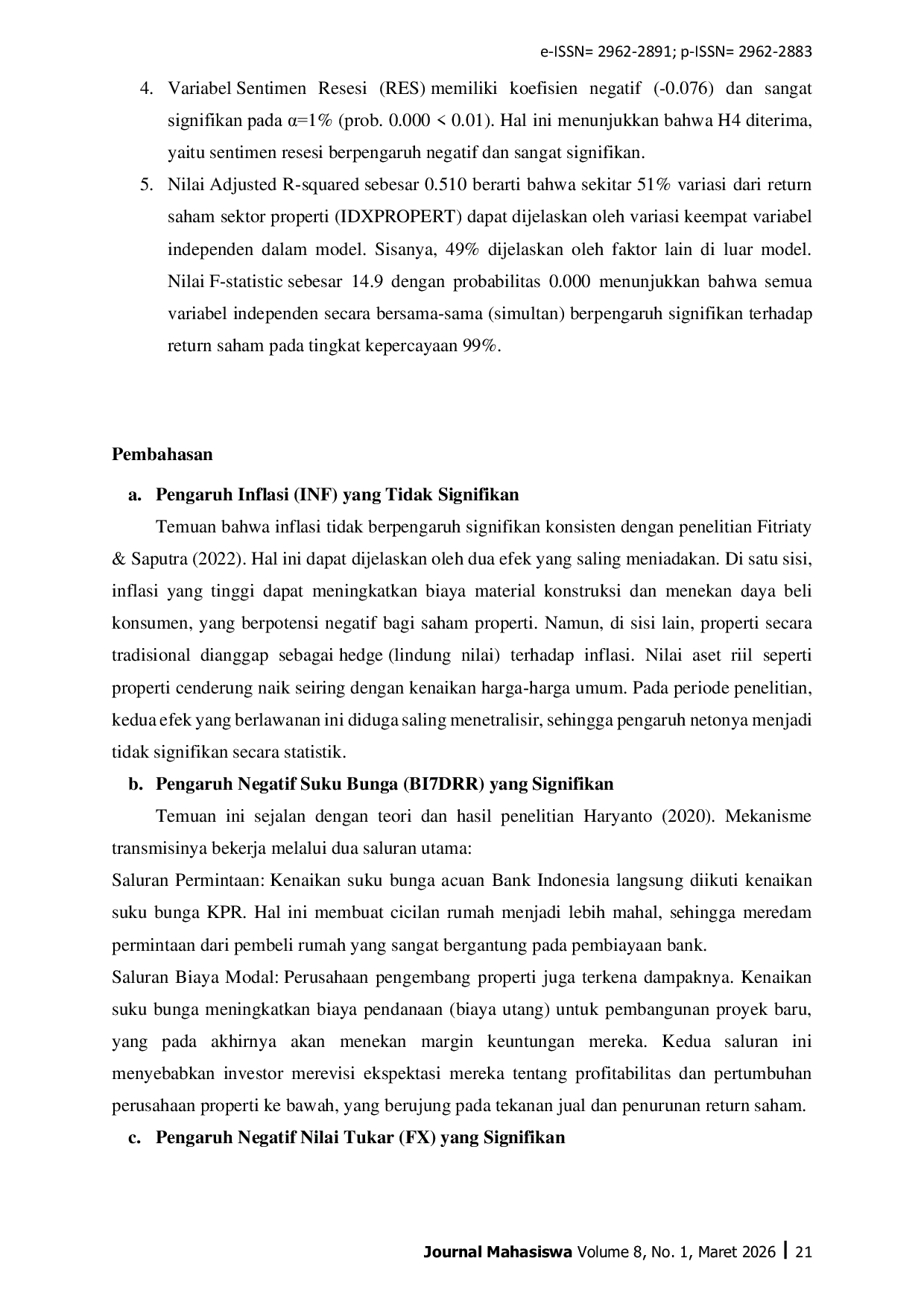 JURIS Analisis Pengaruh Inflasi Suku Bunga Nilai Tukar dan Sentimen Resesi Terhadap Kinerja Saham Properti Di Indonesia