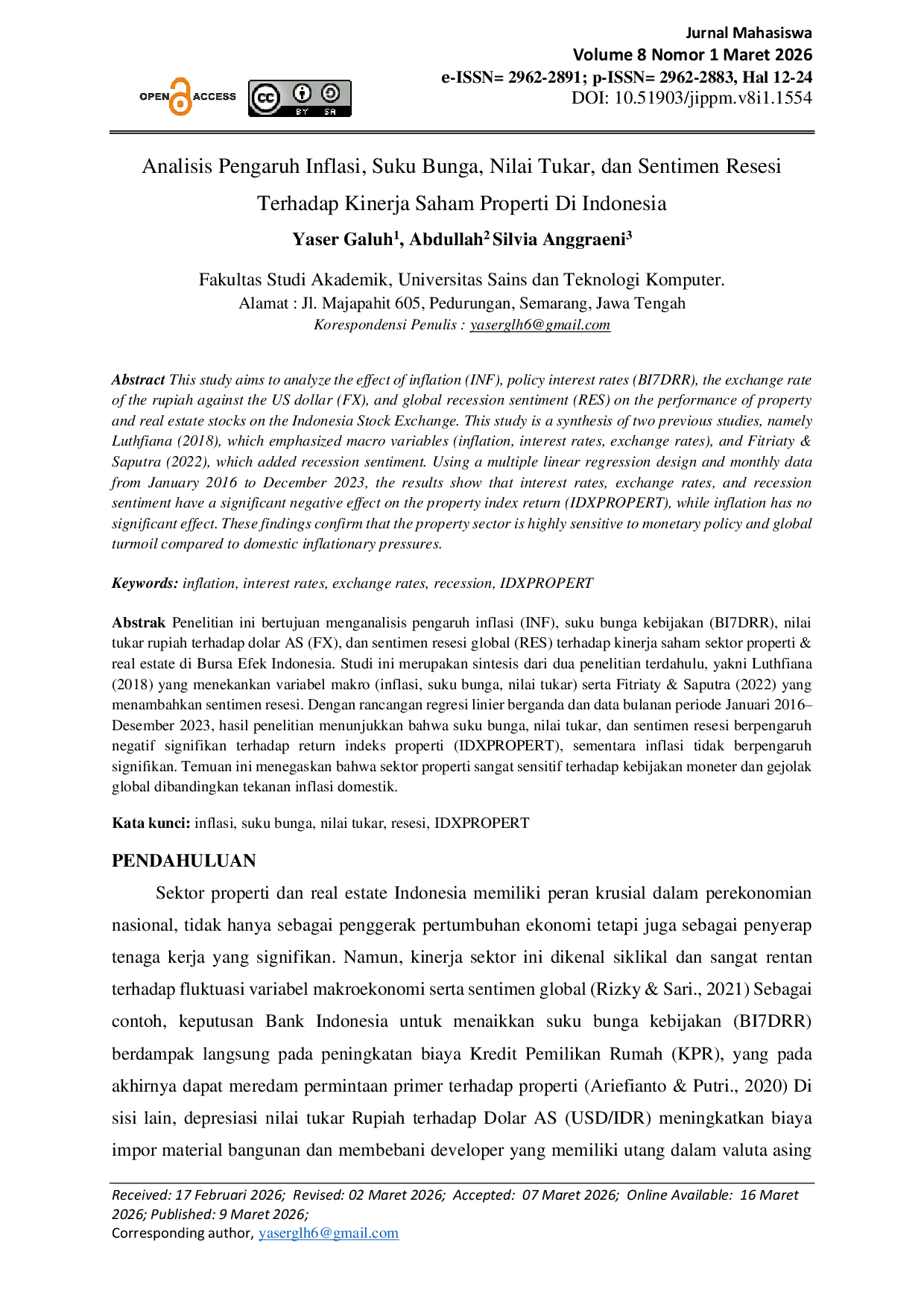 JURIS Analisis Pengaruh Inflasi Suku Bunga Nilai Tukar dan Sentimen Resesi Terhadap Kinerja Saham Properti Di Indonesia