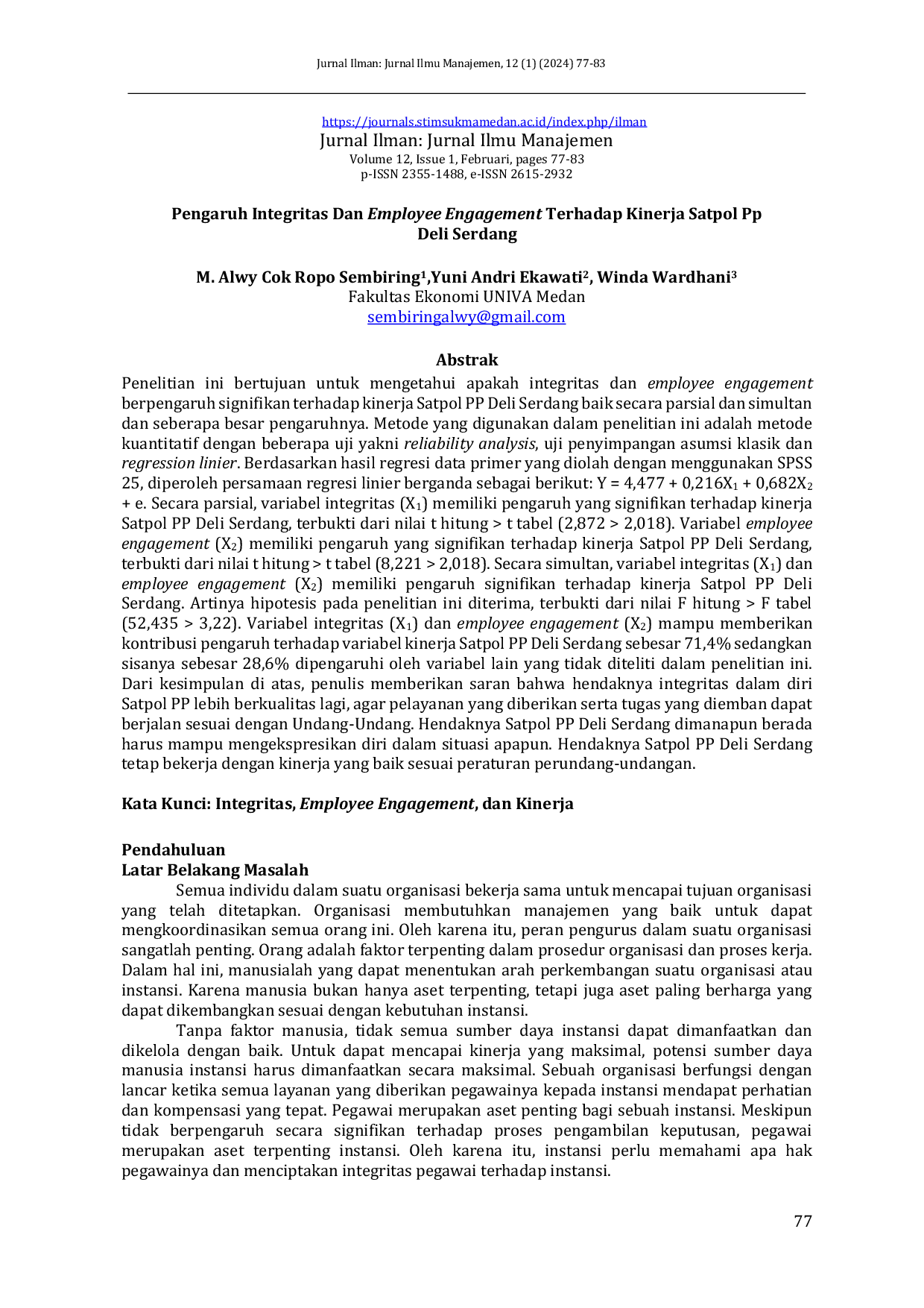 JURIS Pengaruh Integritas Dan Employee Engagement Terhadap Kinerja Satpol Pp Deli Serdang