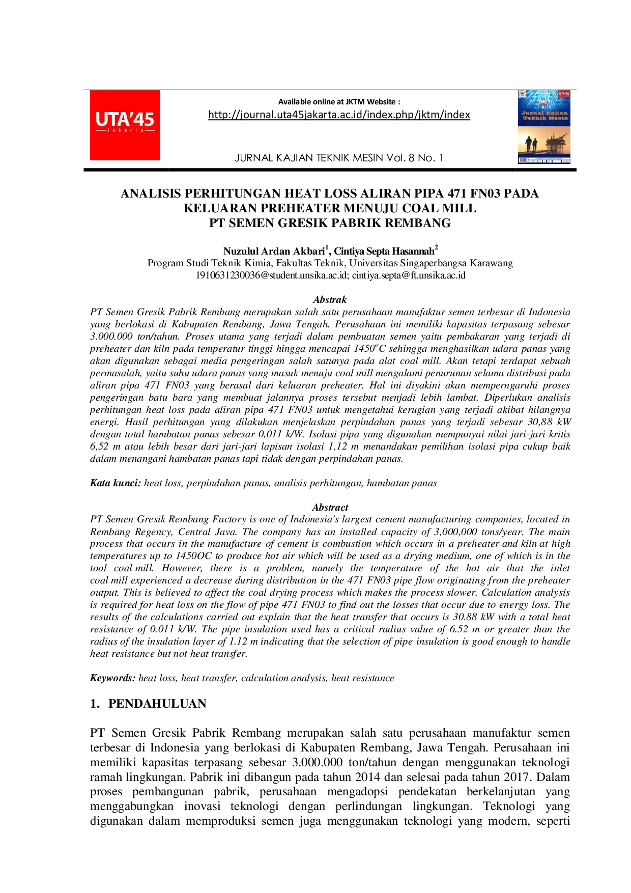 JURIS Analisis Perhitungan Heat Loss Aliran Pipa 471 FN03 Pada Keluaran Preheater Menuju Coal Mill PT Semen Gresik Pabrik Rembang