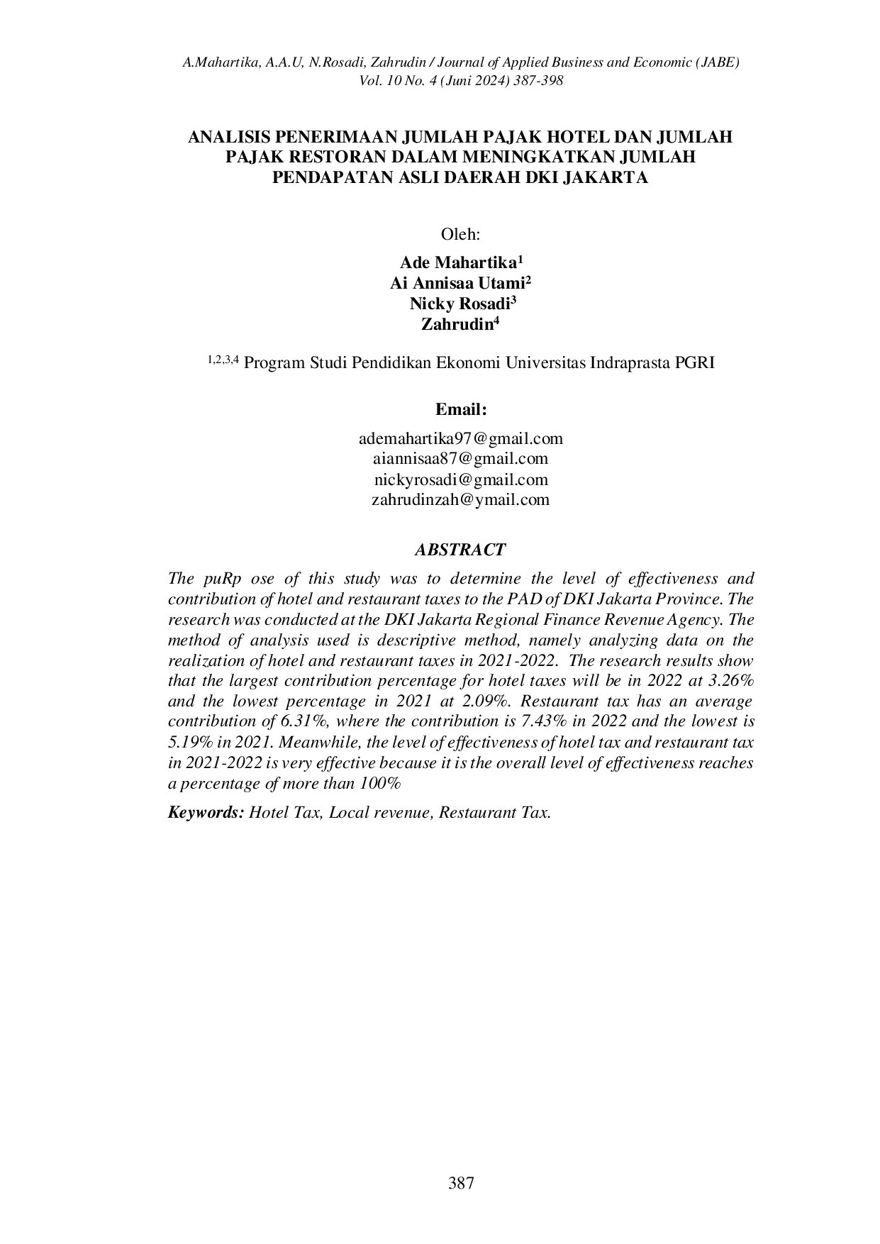 JURIS Analisis Penerimaan Jumlah Pajak Hotel Dan Jumlah Pajak Restoran Dalam Meningkatkan Jumlah Pendapatan Asli Daerah Dki Jakarta