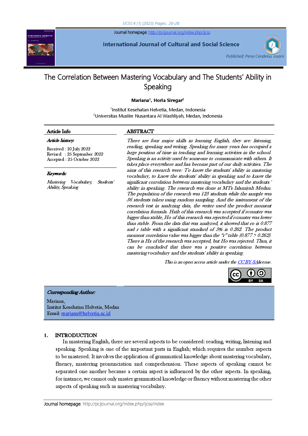 juris The Correlation Between Mastering Vocabulary and The Students Ability in Speaking