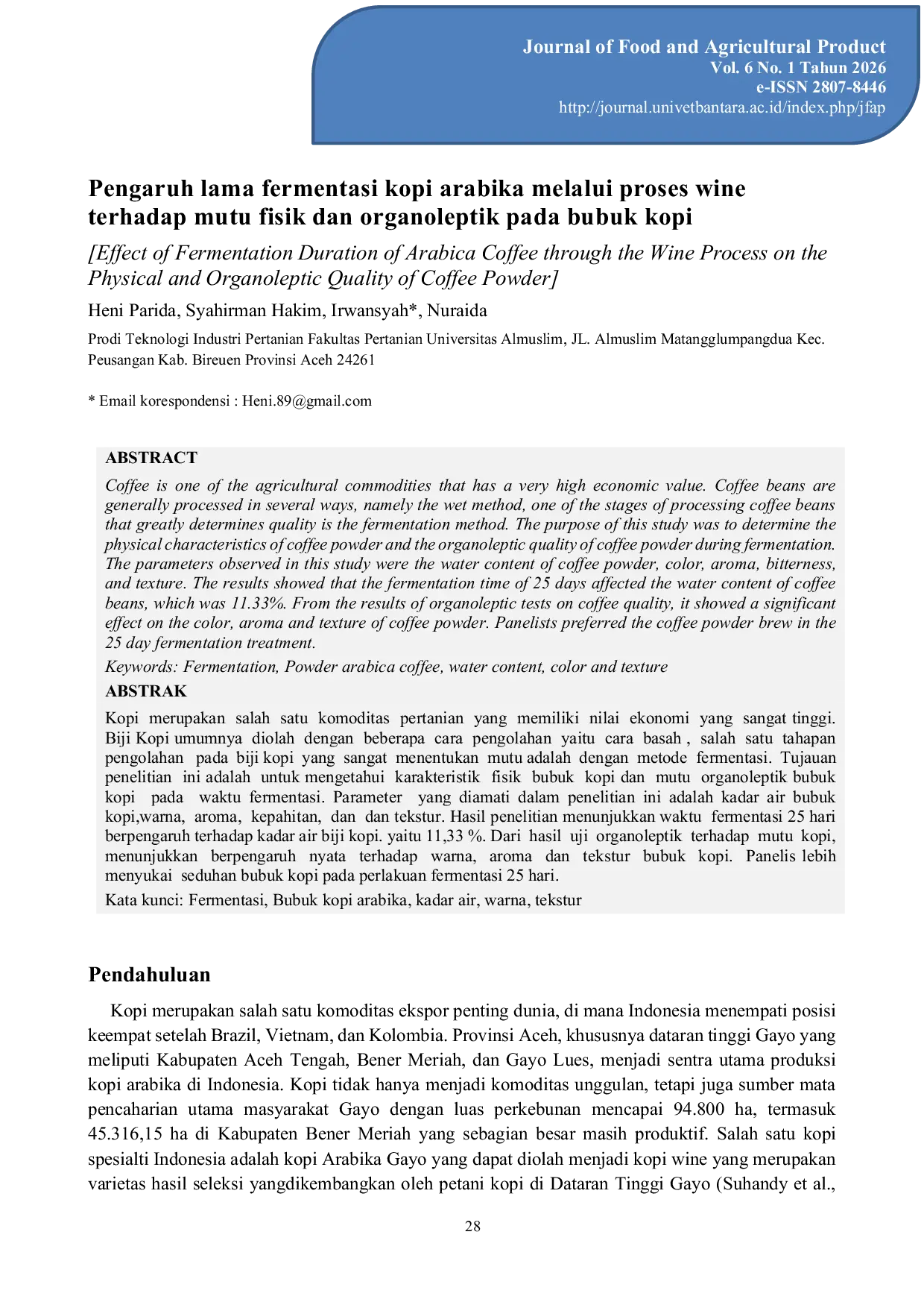 JURIS Effect of Fermentation Duration of Arabica Coffee through the Wine Process on the Physical and Organoleptic Quality of Coffee Powder