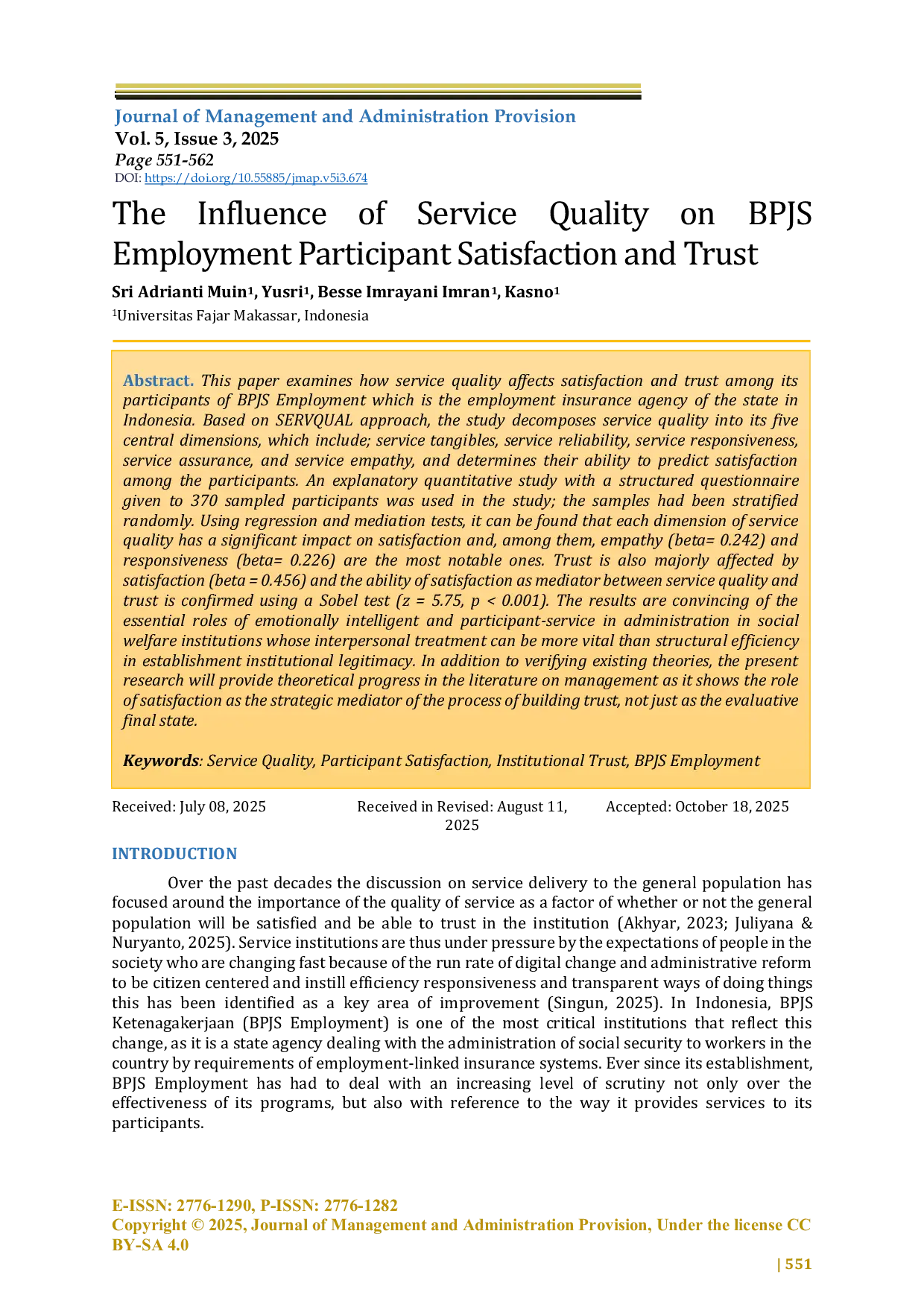 JURIS The Influence of Service Quality on BPJS Employment Participant Satisfaction and Trust