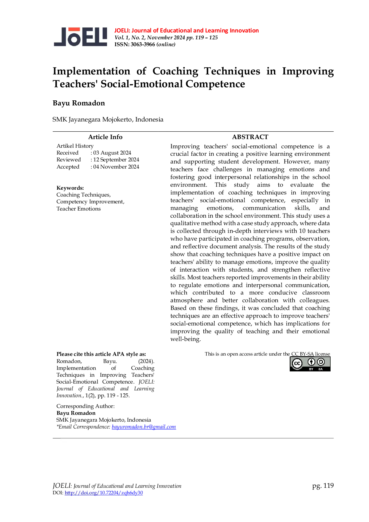 JURIS Implementation of Coaching Techniques in Improving Teachers Social Emotional Competence