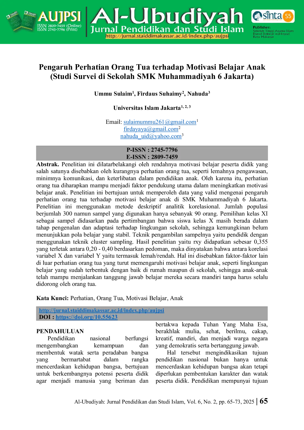 JURIS Pengaruh Perhatian Orang Tua terhadap Motivasi Belajar Anak Studi Survei di Sekolah SMK Muhammadiyah 6 Jakarta