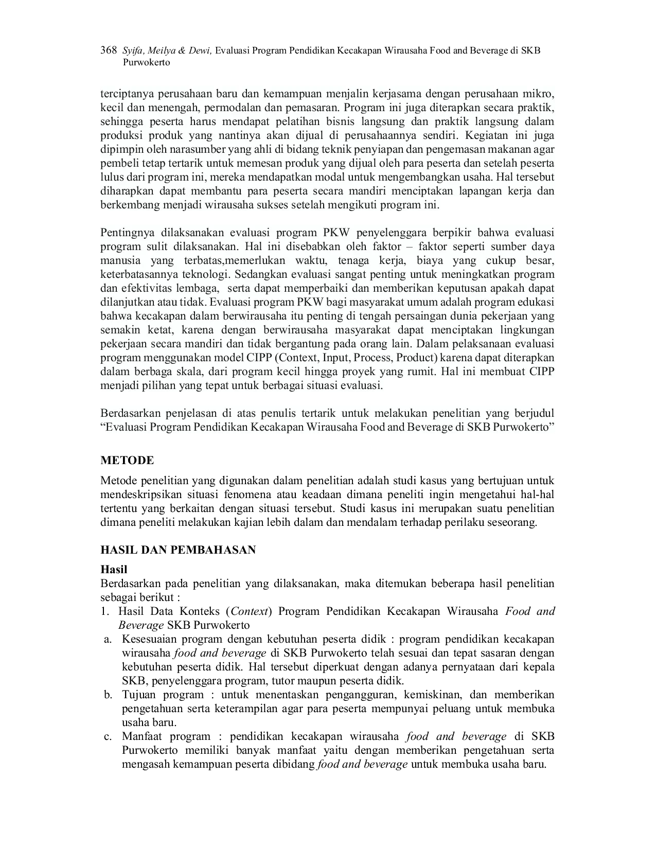 JURIS Evaluasi Program Pendidikan Kecakapan Wirausaha Food and Beverage di SKB Purwokerto