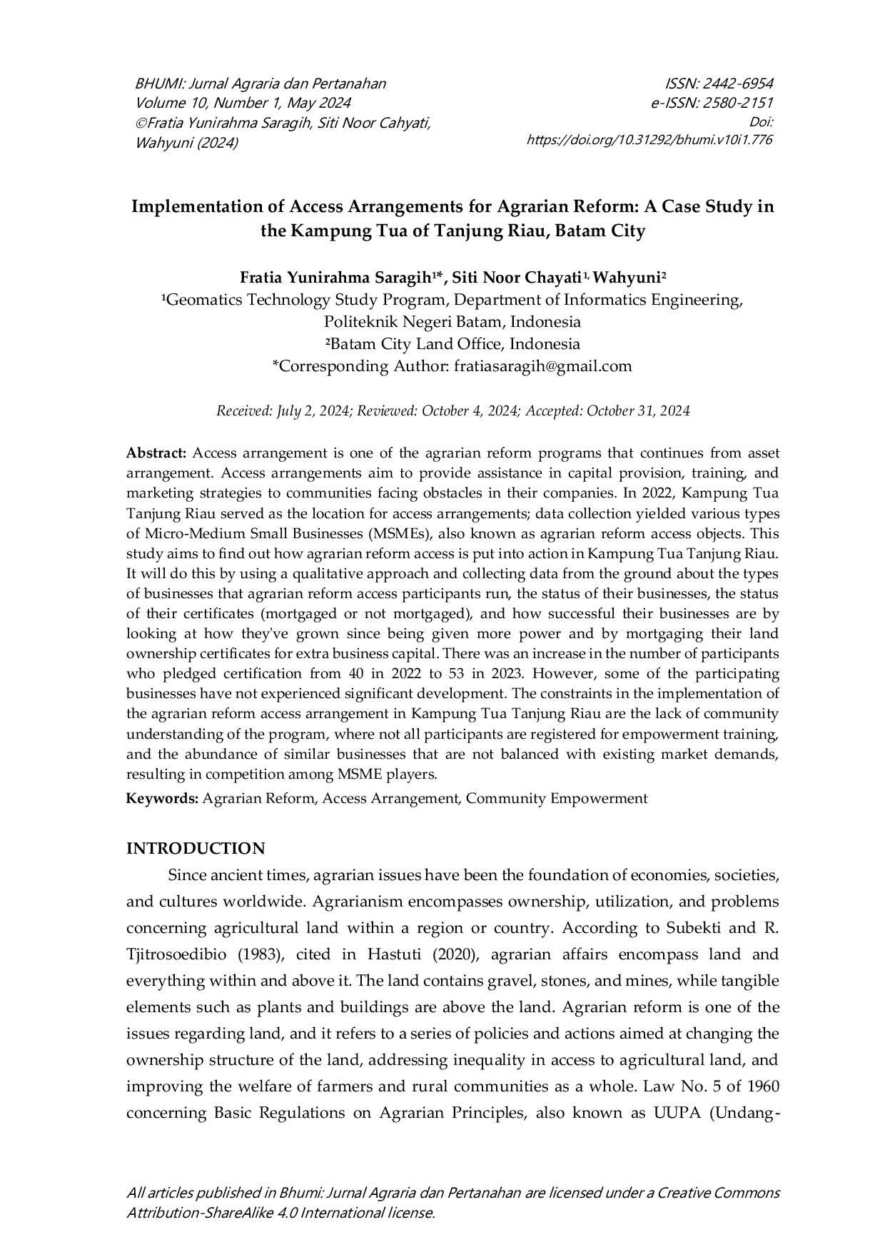 JURIS Implementation of Access Arrangements for Agrarian Reform A Case Study in the Kampung Tua of Tanjung Riau Batam City
