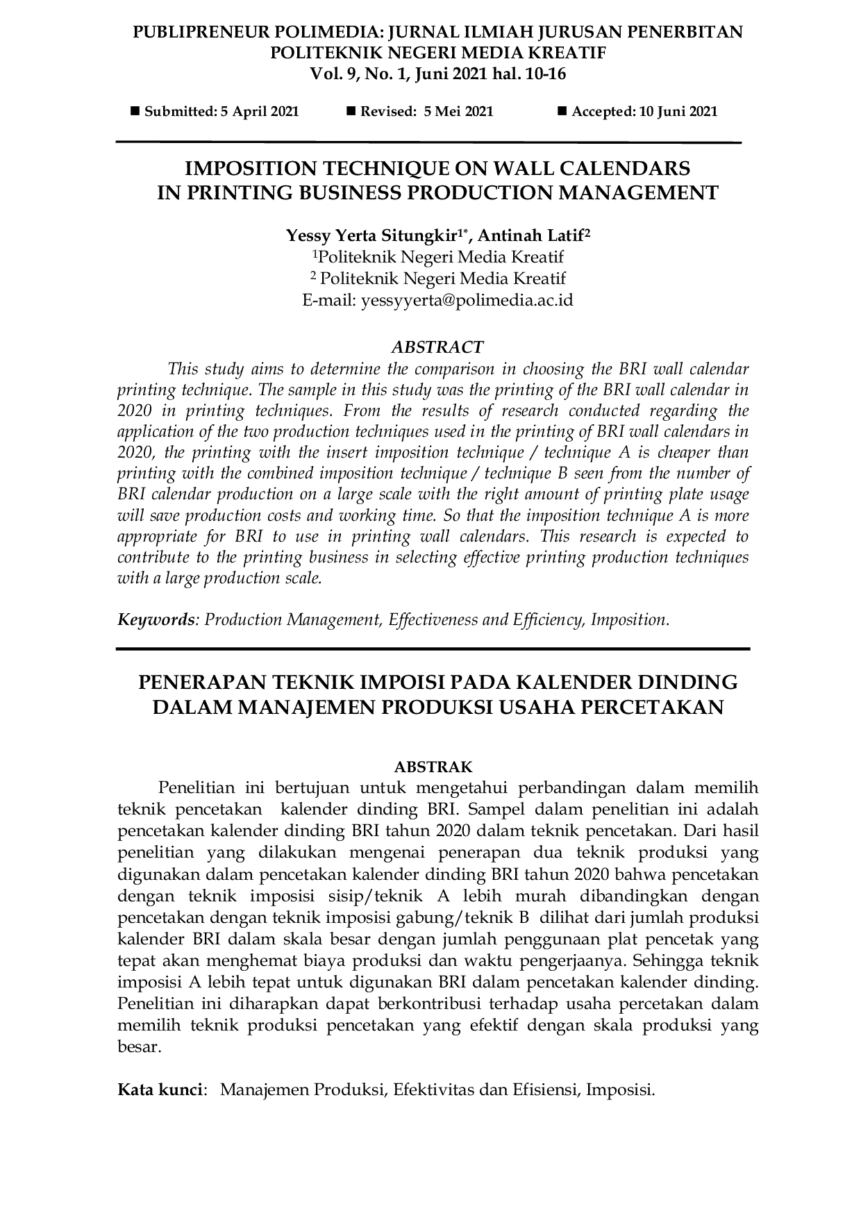 JURIS Penerapan Teknik Imposisi Pada Kalender Dinding Dalam Manajemen Produksi Usaha Percetakan