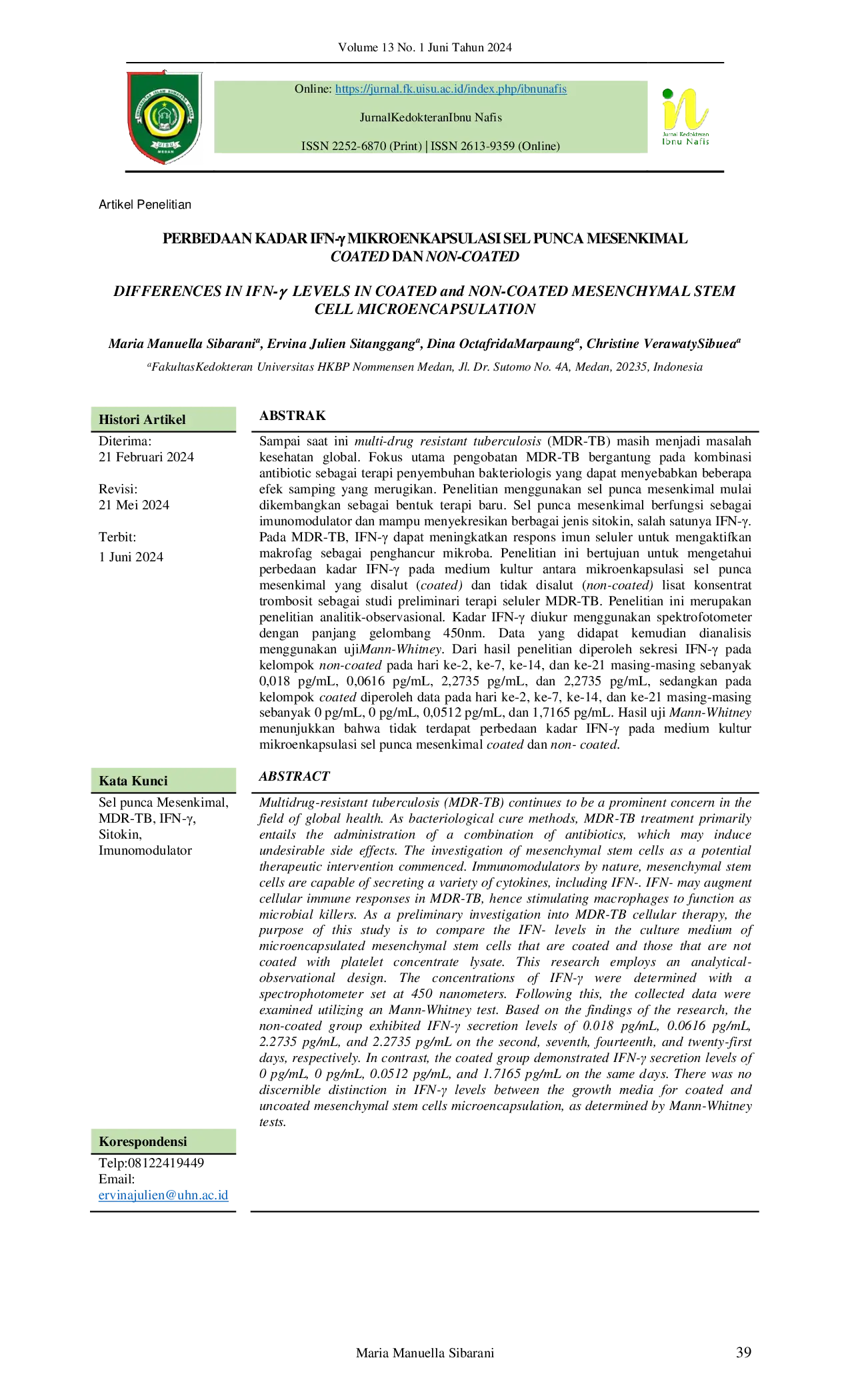 JURIS Perbedaan Kadar IFN Mikroenkapsulasi Sel Punca Mesenkimal Coated Dan Non Coated
