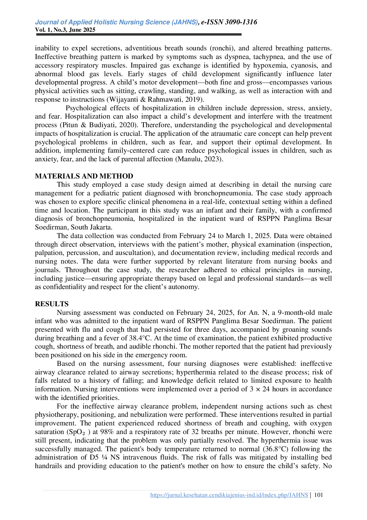 JURIS Nursing Care for N with Bronchopneumonia in RSPPN Inpatient Room A Case Study Report