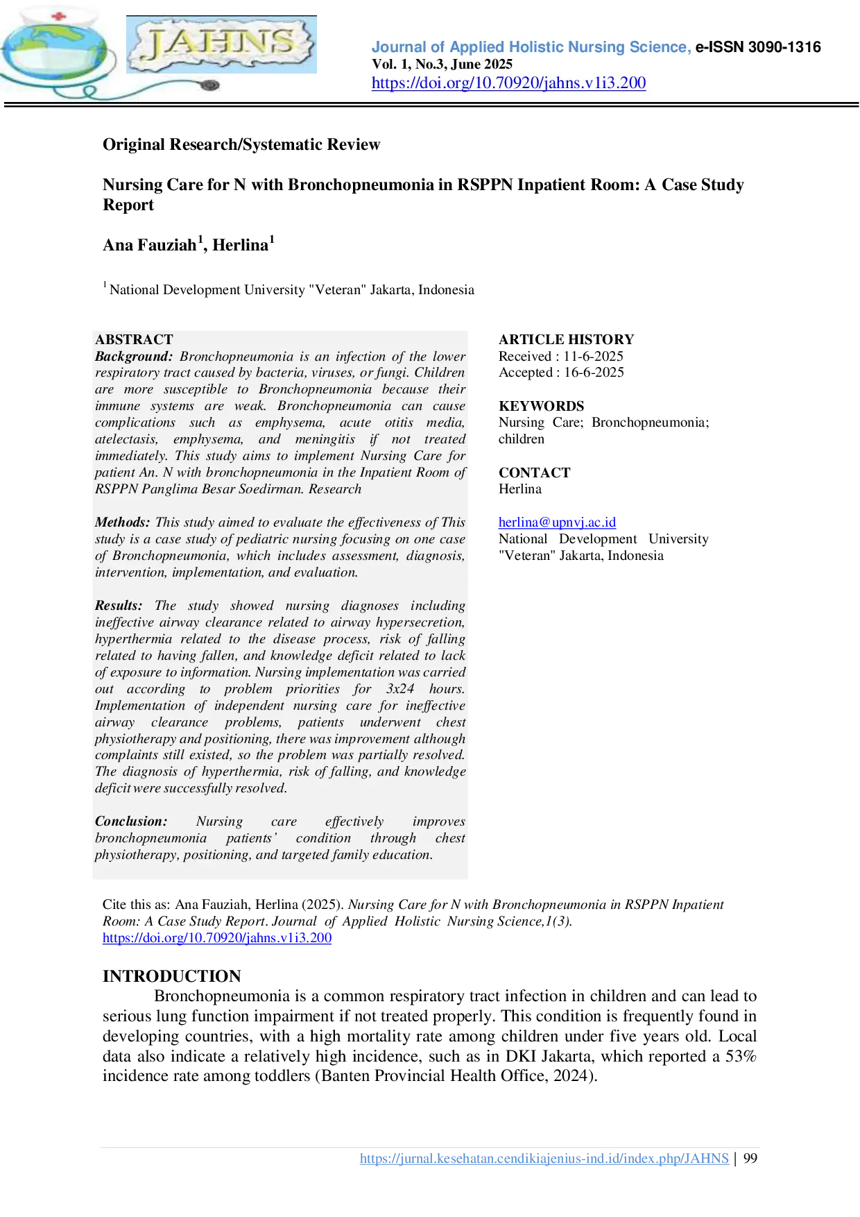 JURIS Nursing Care for N with Bronchopneumonia in RSPPN Inpatient Room A Case Study Report