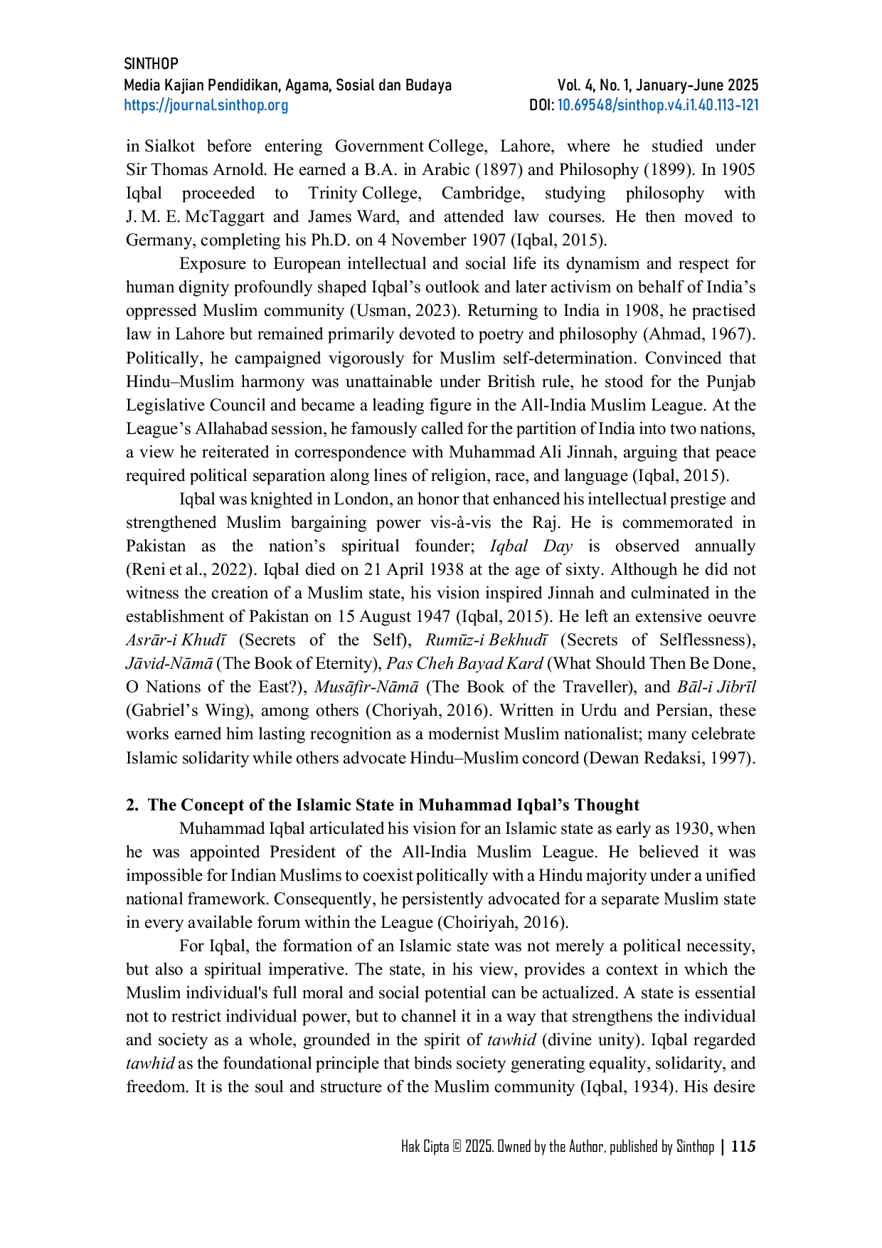 JURIS The Islamic State in Muhammad Iqbal s Thought Integrating Monotheism Islamic Ethics and Modernity