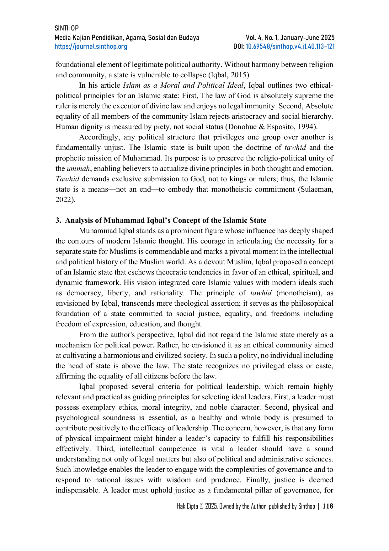 JURIS The Islamic State in Muhammad Iqbal s Thought Integrating Monotheism Islamic Ethics and Modernity