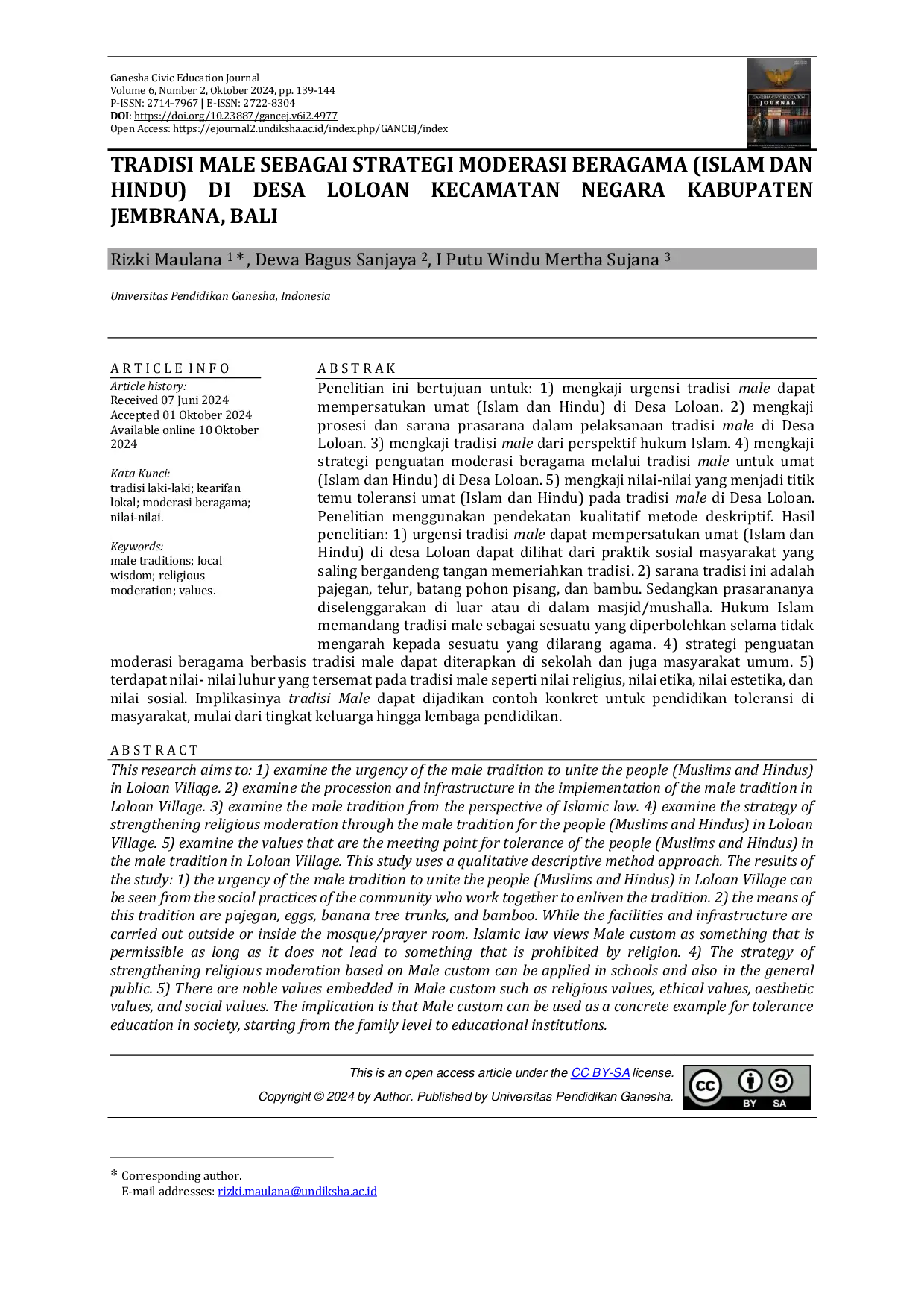 JURIS Tradisi Male Sebagai Strategi Moderasi Beragama Islam Dan Hindu Di Desa Loloan Kecamatan Negara Kabupaten Jembrana Bali