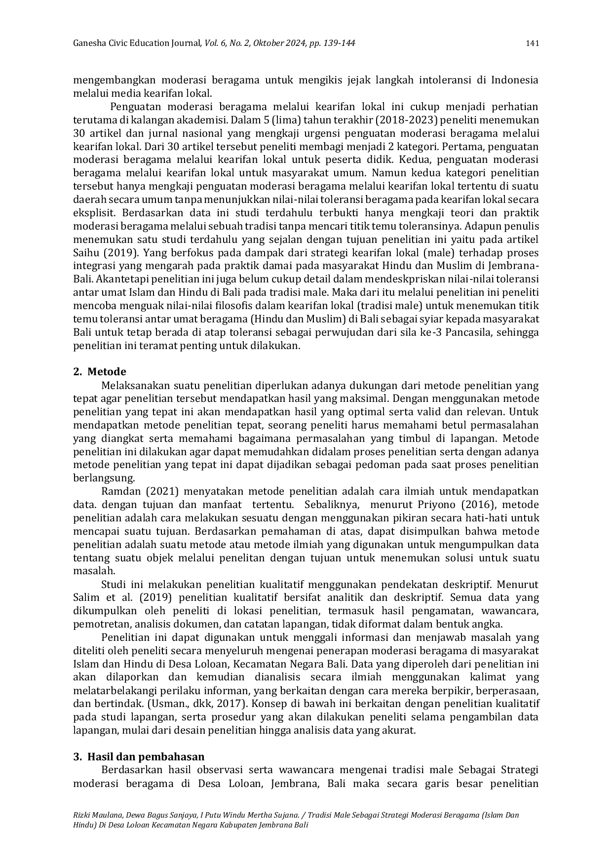 JURIS Tradisi Male Sebagai Strategi Moderasi Beragama Islam Dan Hindu Di Desa Loloan Kecamatan Negara Kabupaten Jembrana Bali