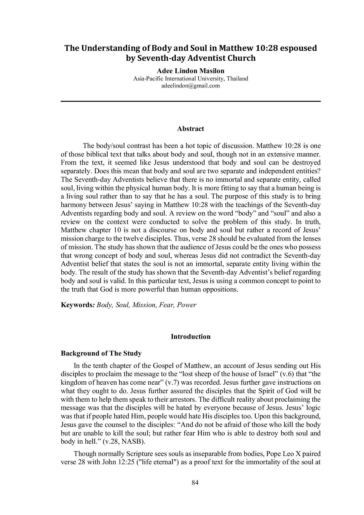 JURIS The Understanding of Body and Soul in Matthew 10 28 espoused by Seventh day Adventist Church