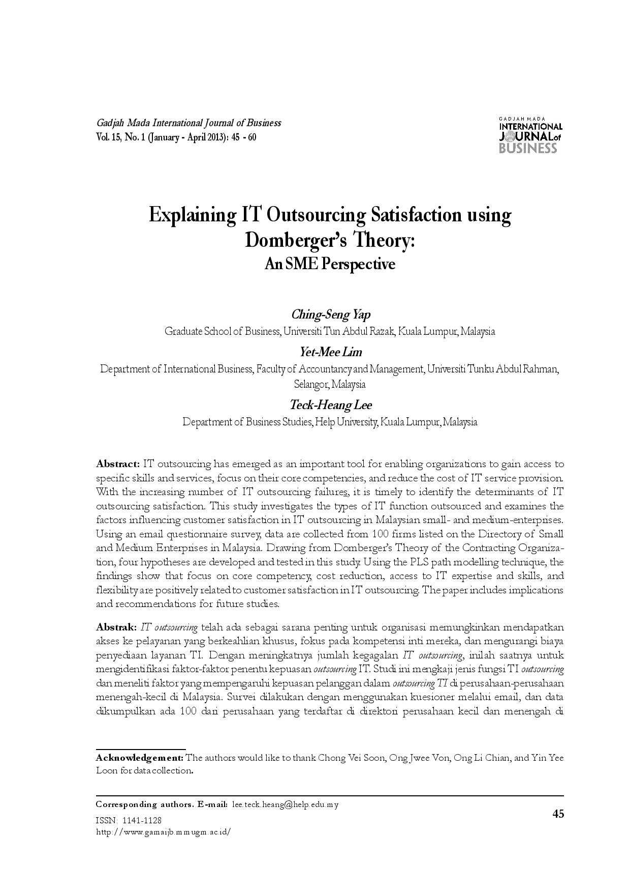 juris Explaining IT Outsourcing Satisfaction using Domberger s Theory An SME Perspective
