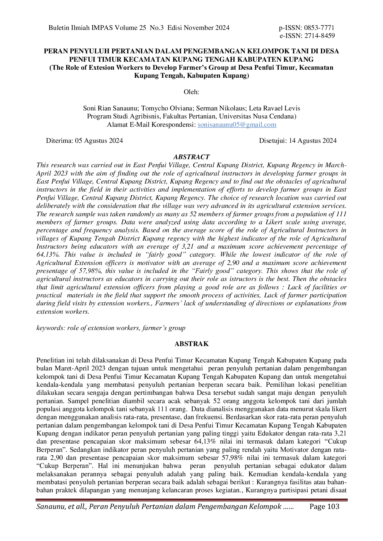 JURIS Peran Penyuluh Pertanian Dalam Pengembangan Kelompok Tani Di Desa Penfui Timur Kecamatan Kupang Tengah Kabupaten Kupang