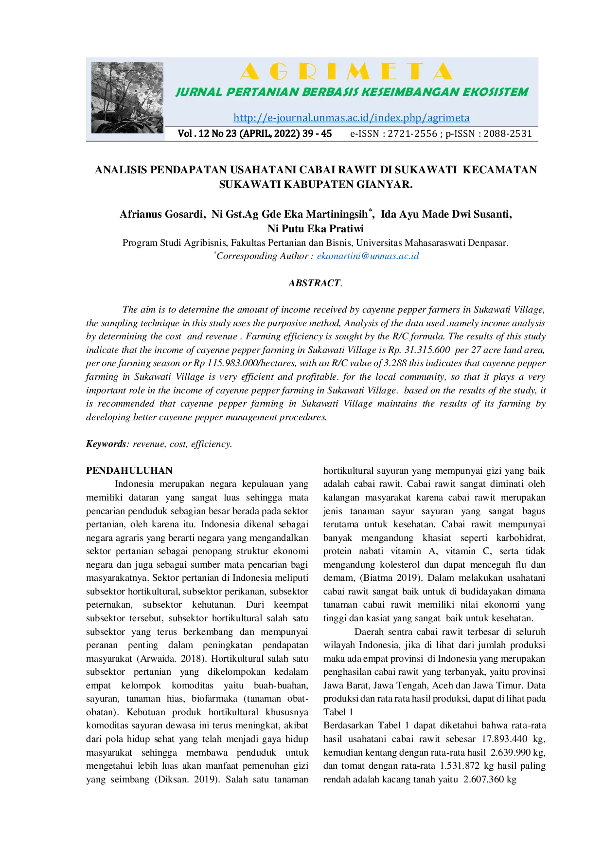 JURIS Analisis Pendapatan Usahatani Cabai Rawit Di Sukawati Kecamatan Sukawati Kabupaten Gianyar