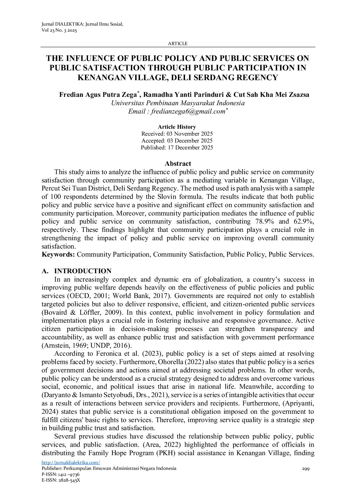 JURIS The Influence of Public Policy and Public Services on Public Satisfaction Through Public Participation in Kenangan Village Deli Serdang Regency