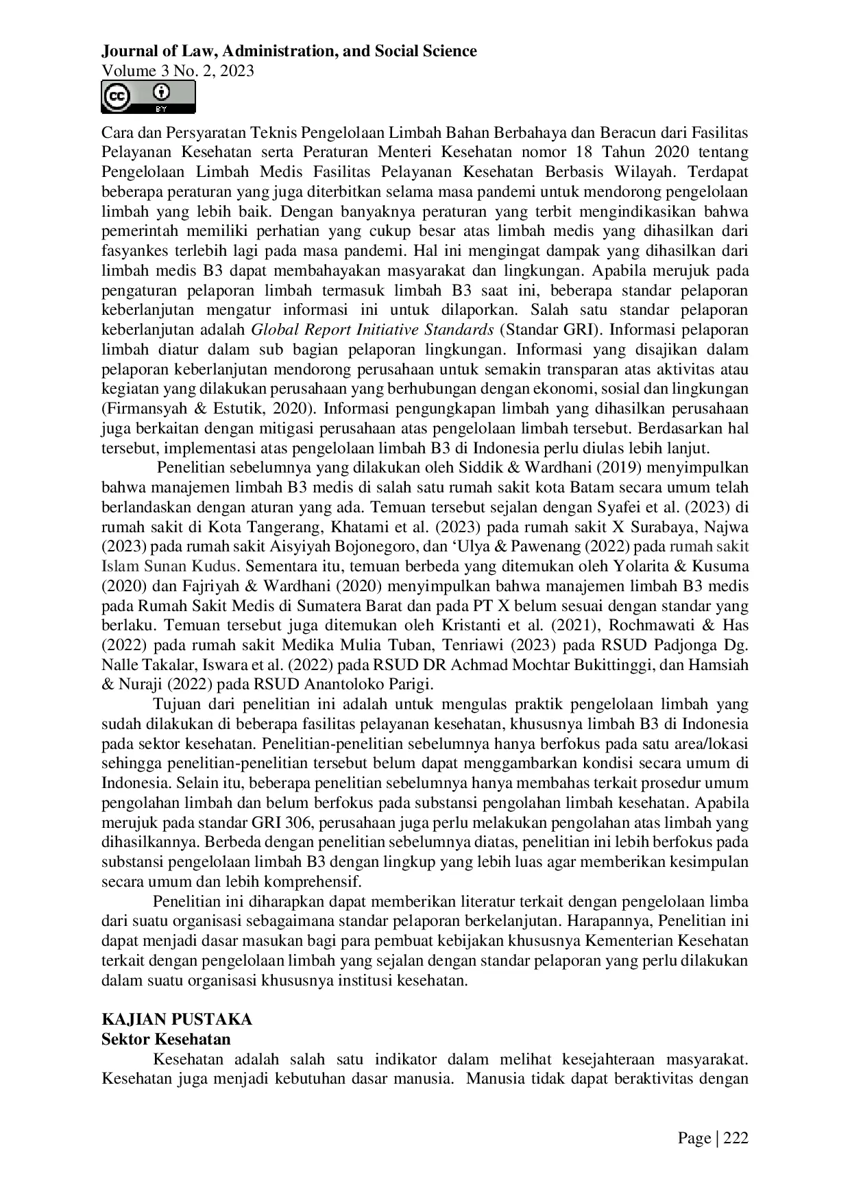 JURIS Tinjauan Penerapan Pengelolaan Limbah B3 Pada Sektor Kesehatan Di Indonesia Berdasarkan GRI 300