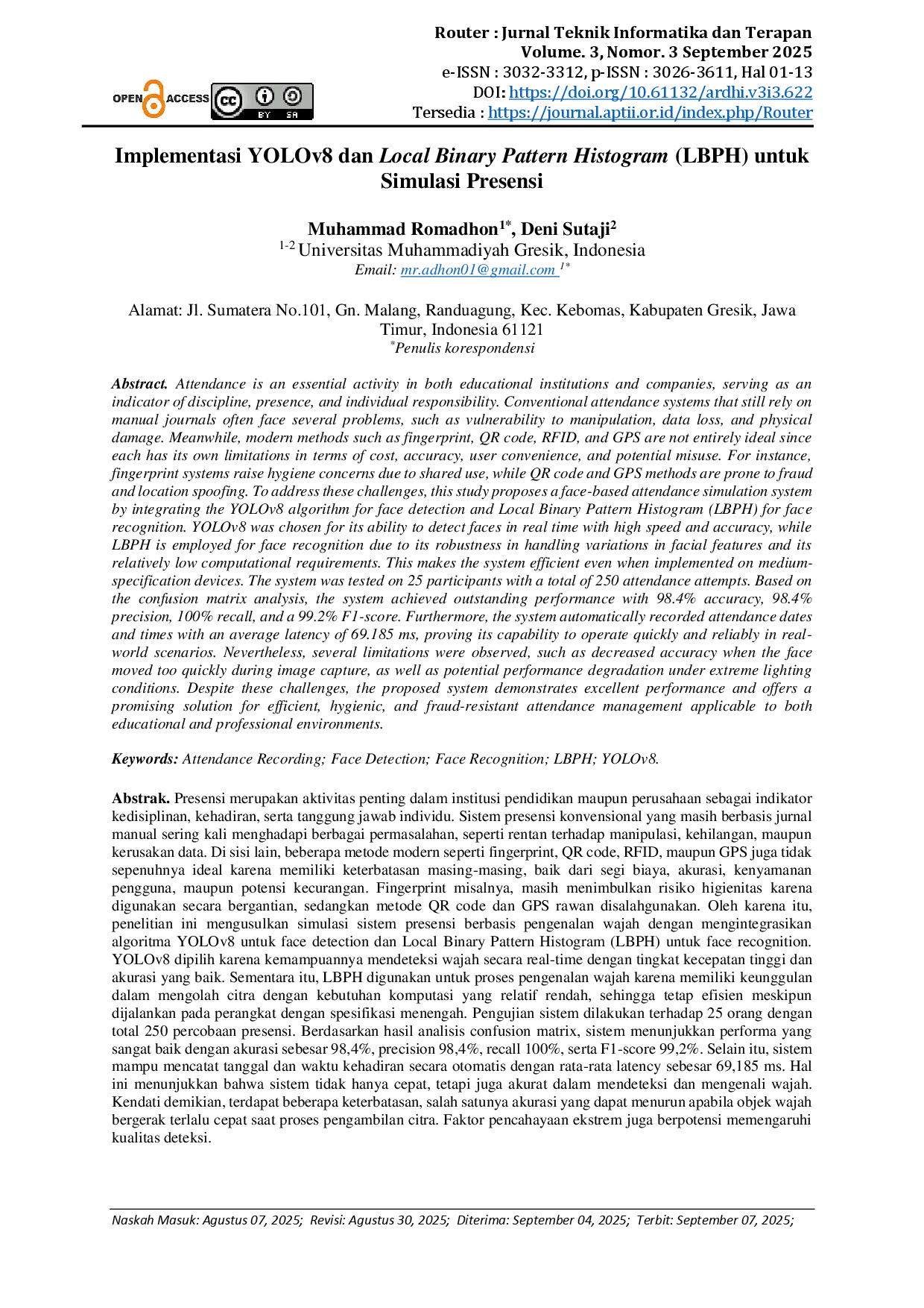 juris Implementasi YOLOv8 dan Local Binary Pattern Histogram LBPH untuk Simulasi Presensi