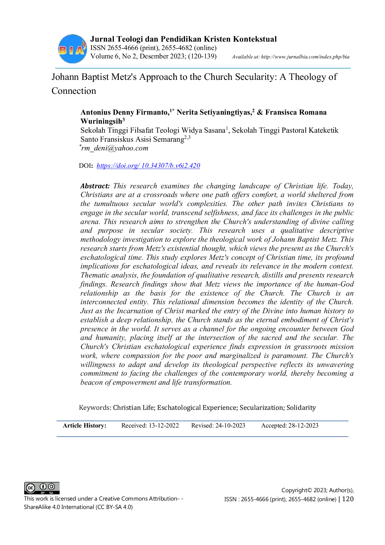 JURIS Johann Baptist Metz s Approach to the Church Secularity A Theology of Connection