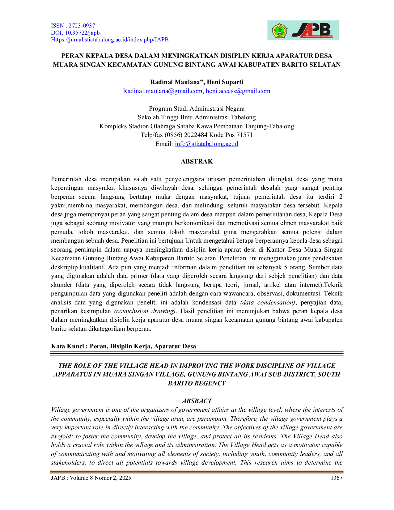 JURIS Peran Kepala Desa Dalam Meningkatkan Disiplin Kerja Aparatur Desa Muara Singan Kecamatan Gunung Bintang Awai Kabupaten Barito Selatan