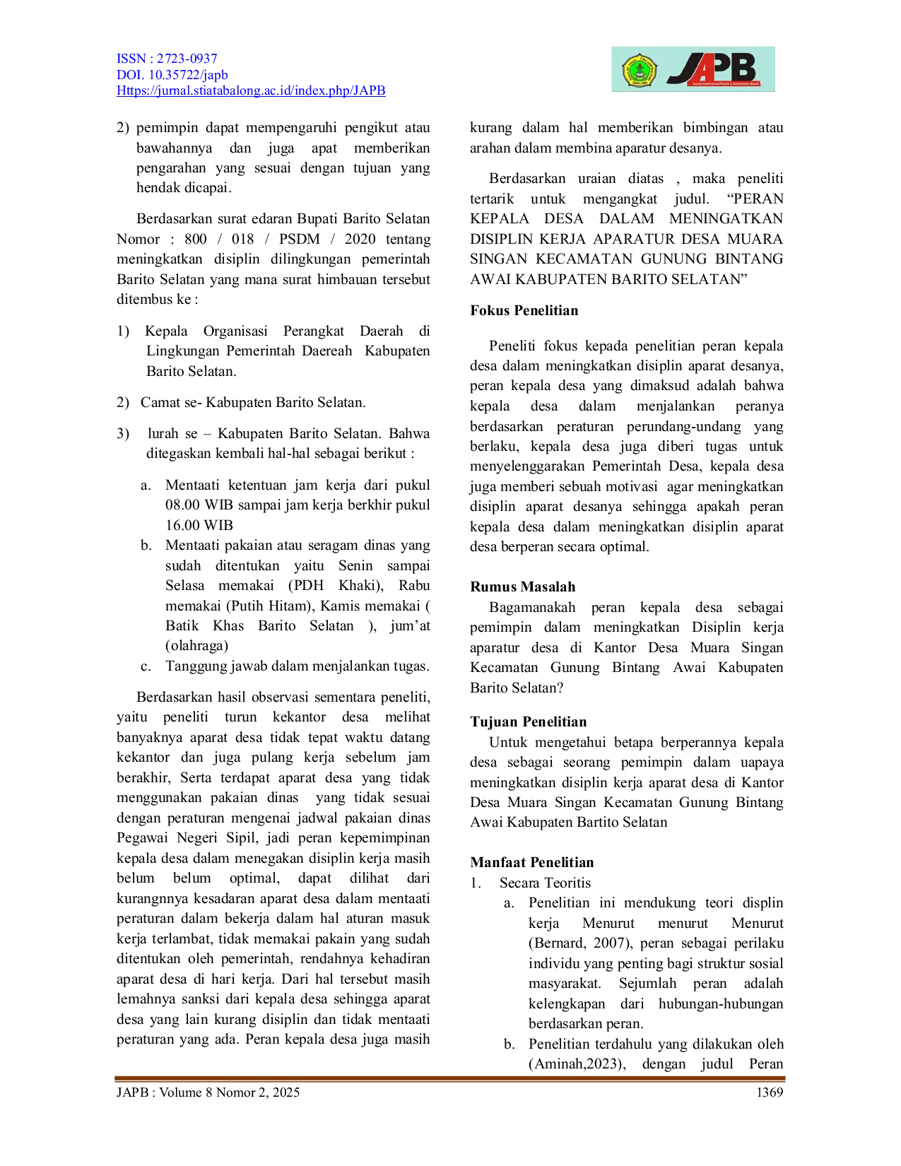 JURIS Peran Kepala Desa Dalam Meningkatkan Disiplin Kerja Aparatur Desa Muara Singan Kecamatan Gunung Bintang Awai Kabupaten Barito Selatan