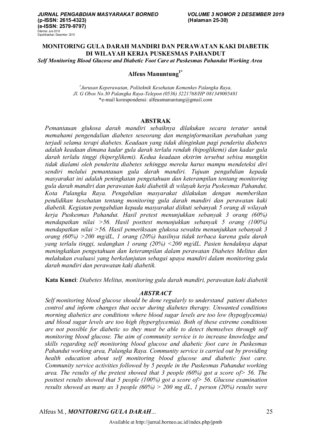JURIS Monitoring Gula Darah Mandiri dan Perawatan Kaki Diabetik di Wilayah Kerja Puskesmas Pahandut