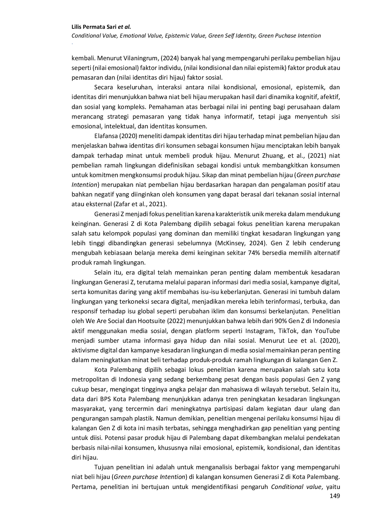 JURIS Pengaruh conditional value emotional value epistemic value dan green self identity terhadap green purchase intention konsumen Generasi Z Kota Palembang