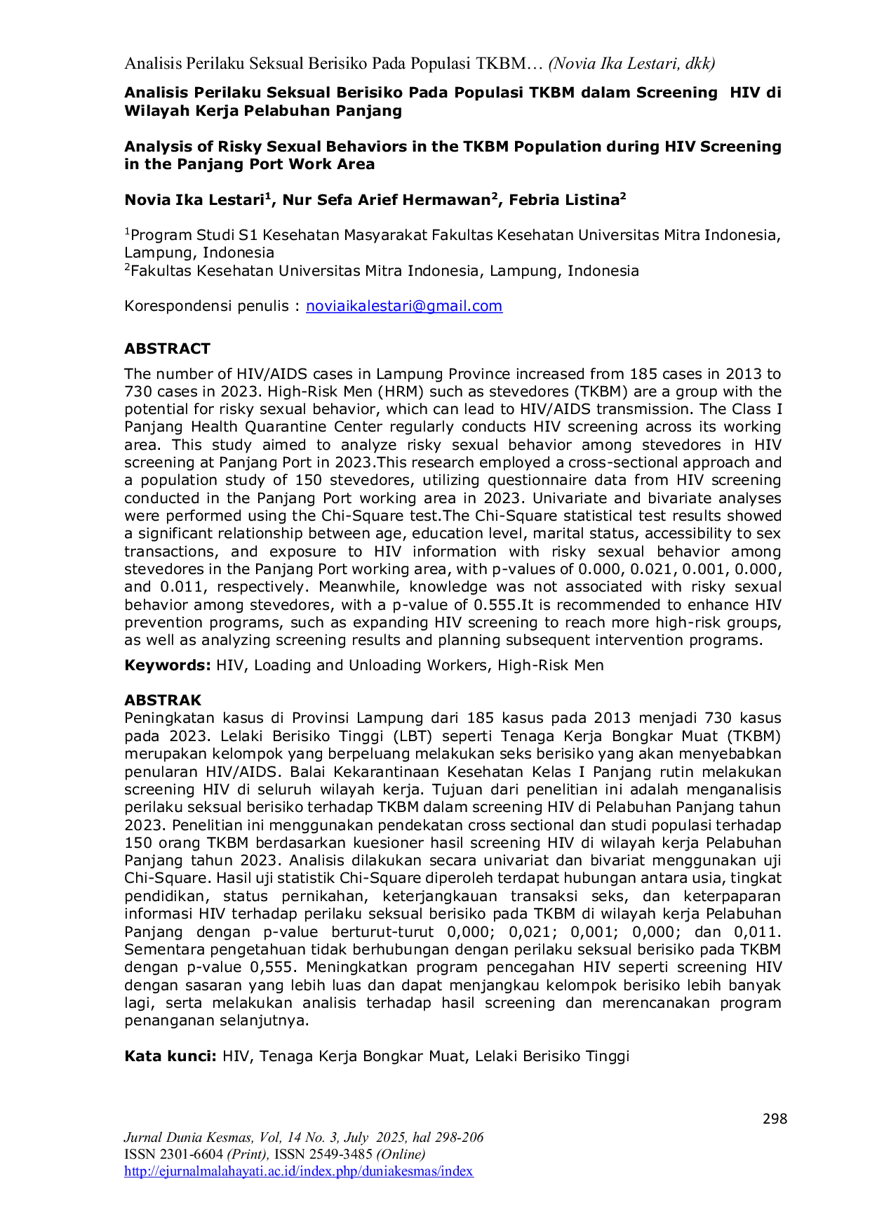 JURIS Analisis Perilaku Seksual Berisiko Pada Populasi TKBM dalam Screening HIV di Wilayah Kerja Pelabuhan Panjang
