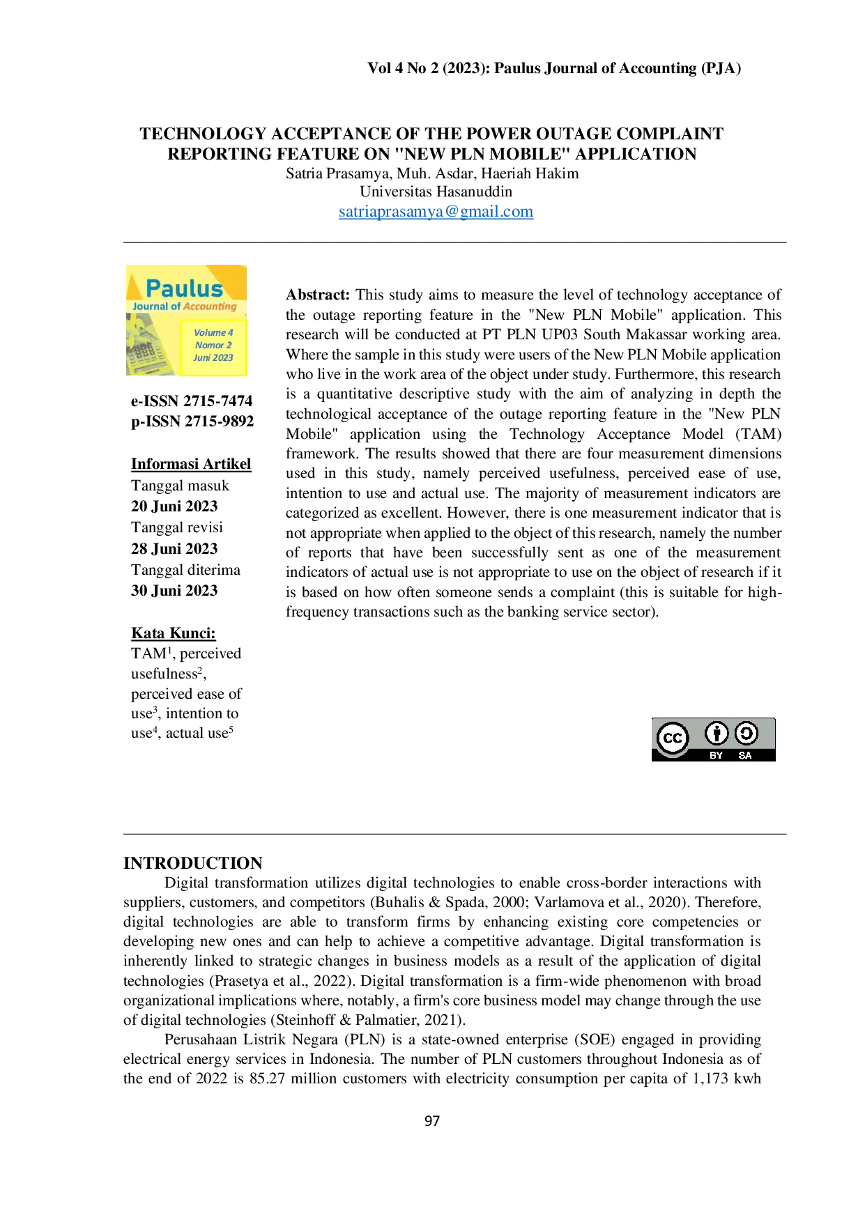 JURIS Technology Acceptance of the Power Outage Complaint Reporting Feature on New PLN Mobile Application