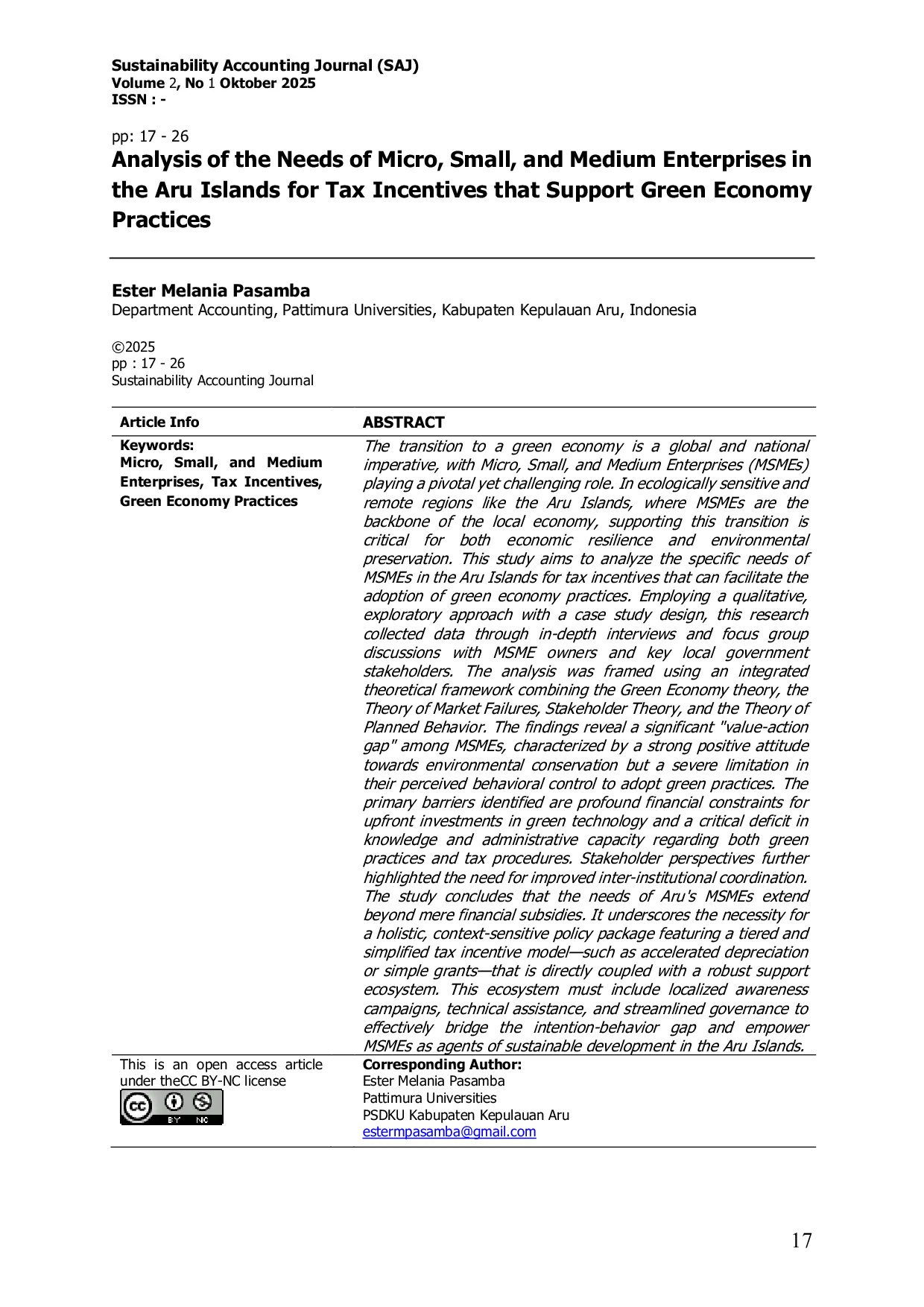 JURIS Analysis of the Needs of Micro Small and Medium Enterprises in the Aru Islands for Tax Incentives that Support Green Economy Practices