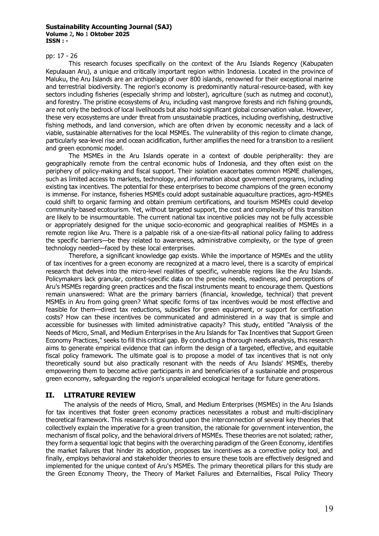 JURIS Analysis of the Needs of Micro Small and Medium Enterprises in the Aru Islands for Tax Incentives that Support Green Economy Practices