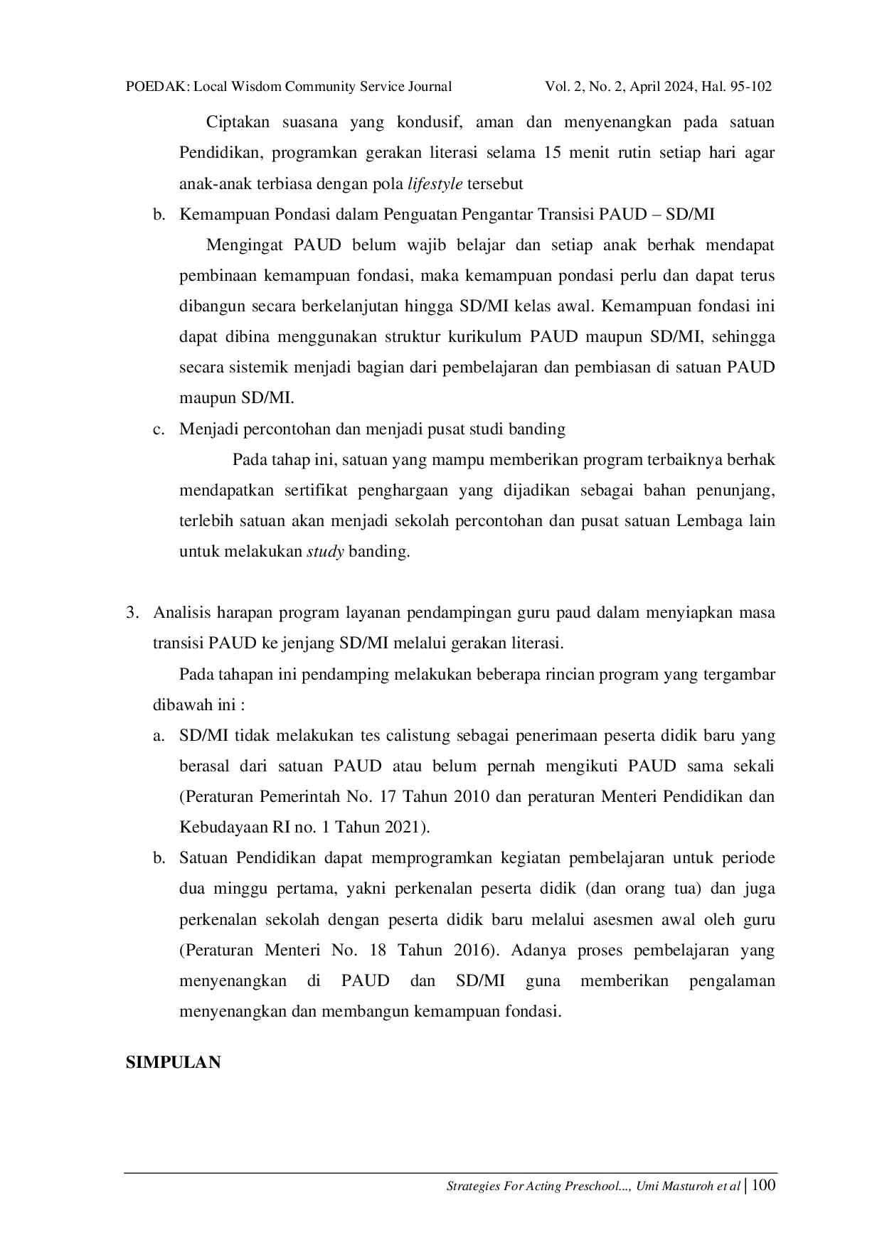 JURIS Strategies For Acting Preschool Teachers In Preparing The Paud Transition To Primary School Level Through Literacy Movement