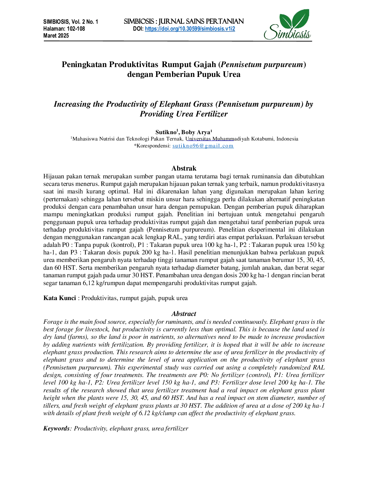 JURIS Peningkatan Produktivitas Rumput Gajah Pennisetum purpureum dengan Pemberian Pupuk Urea