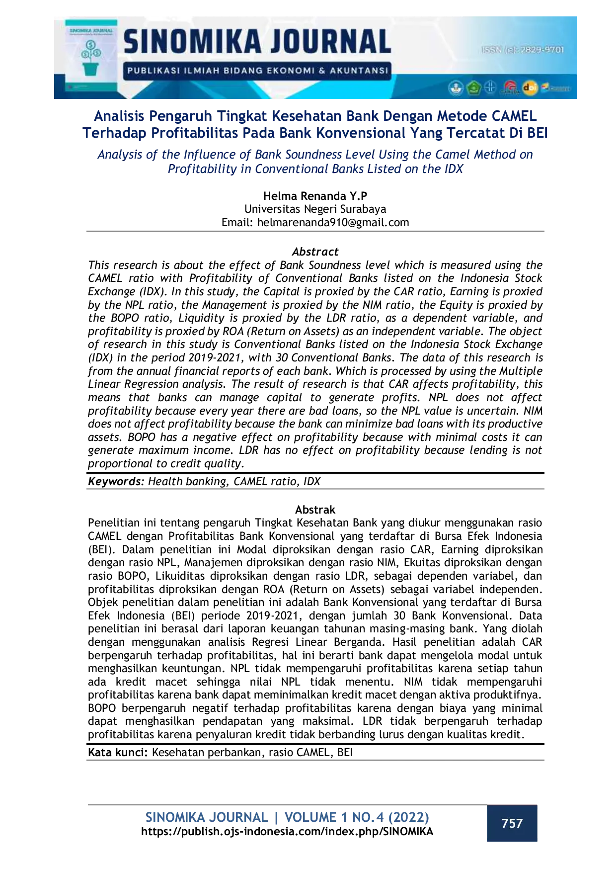 JURIS Analisis Pengaruh Tingkat Kesehatan Bank Dengan Metode CAMEL Terhadap Profitabilitas Pada Bank Konvensional Yang Tercatat Di BEI