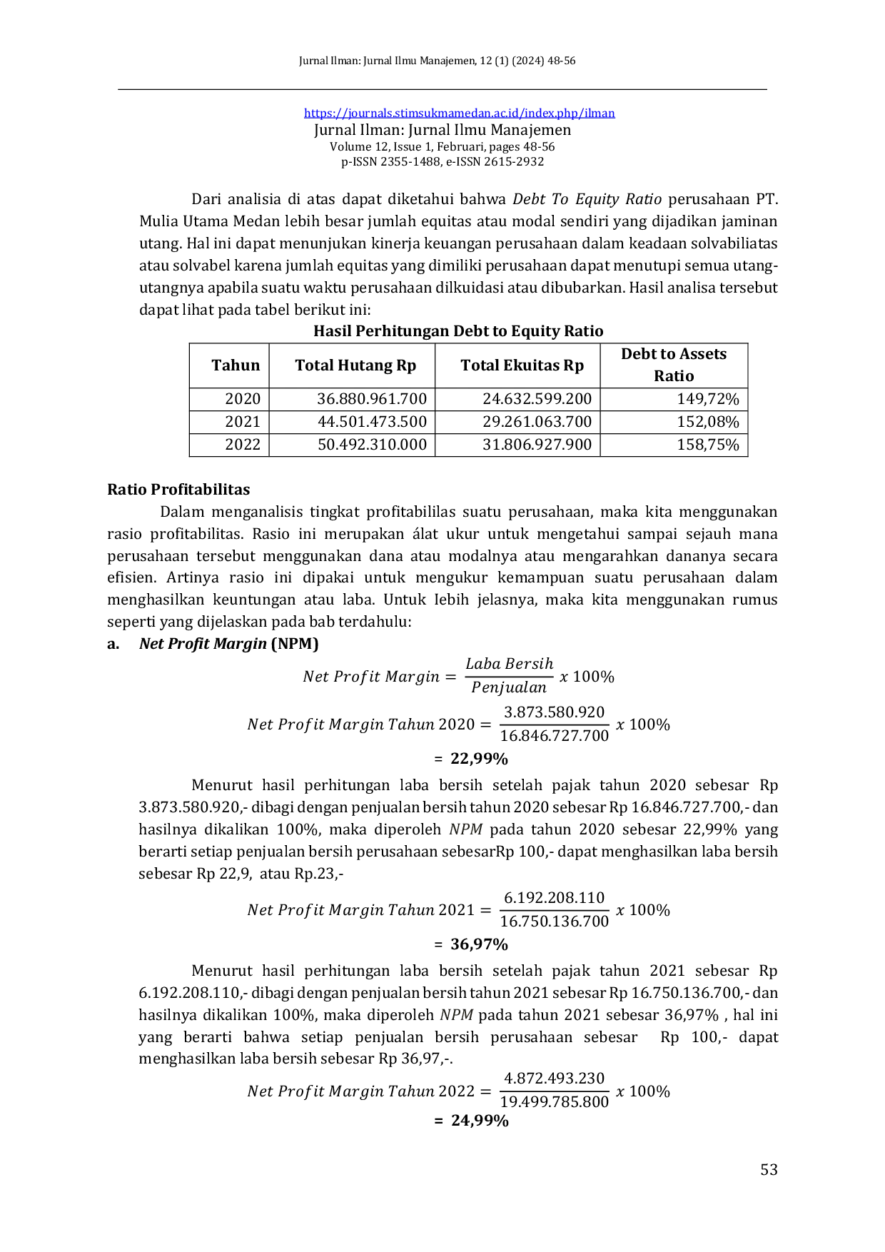 JURIS Analisis Kinerja Keuangan Ditinjau Dari Rasio Solvabilitas Dan Profitabilitas Pada PT Mulia Utama Medan