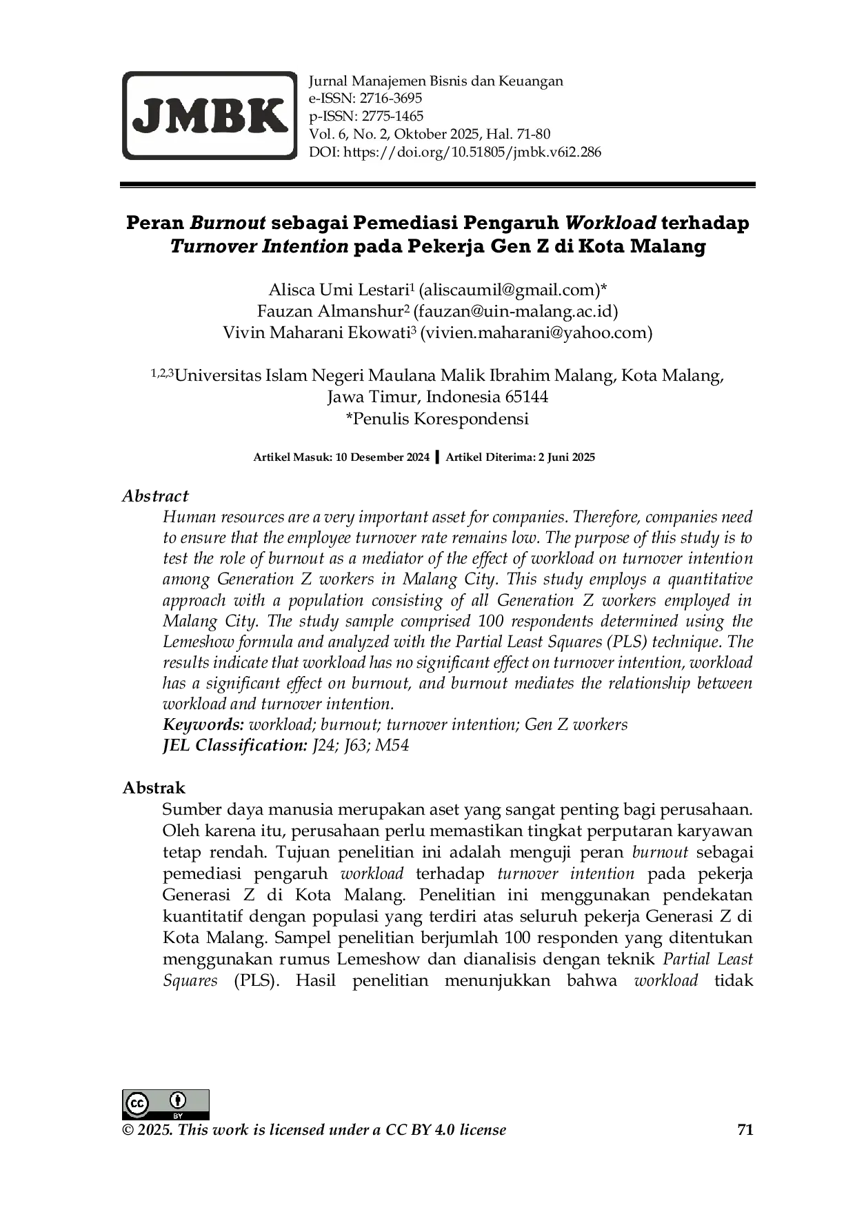 JURIS Peran Burnout Sebagai Pemediasi Pengaruh Workload Terhadap Turnover Intention Pada Pekerja Gen Z Di Kota Malang