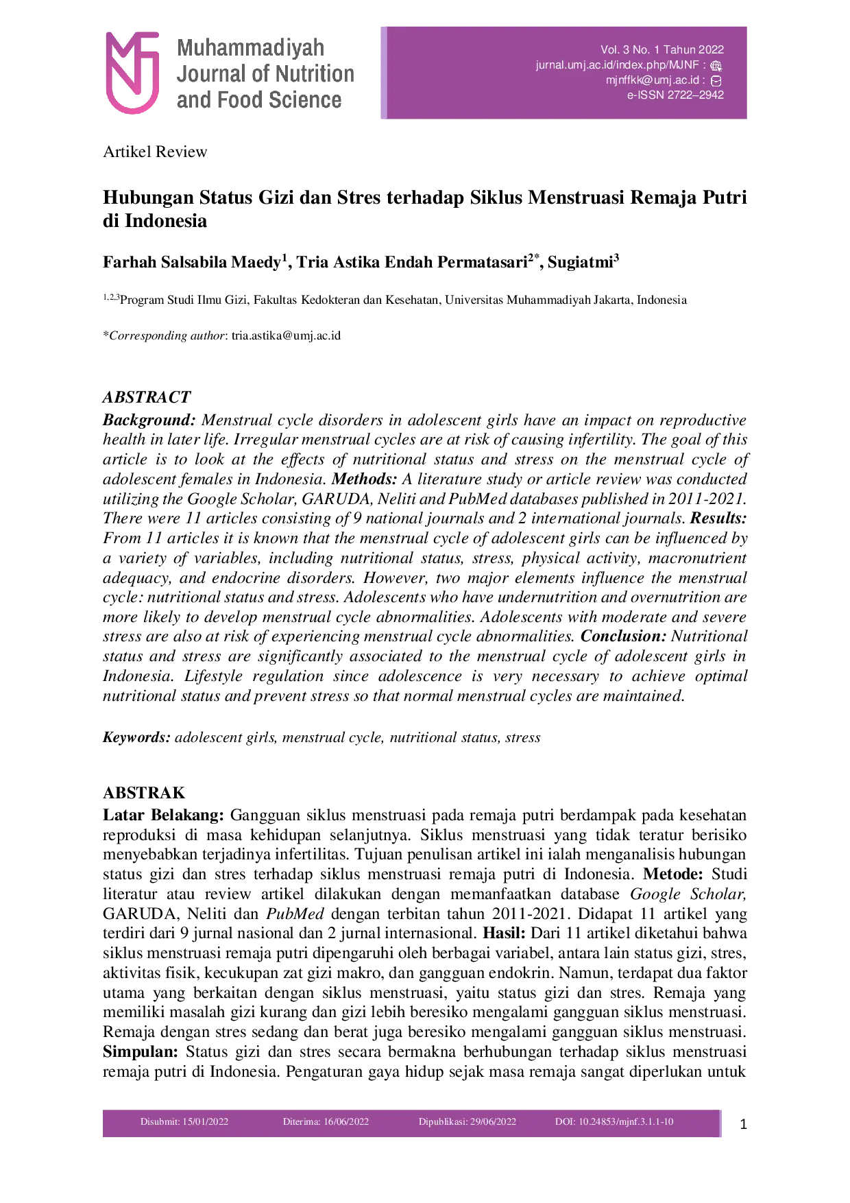 JURIS Hubungan Status Gizi dan Stres terhadap Siklus Menstruasi Remaja Putri di Indonesia