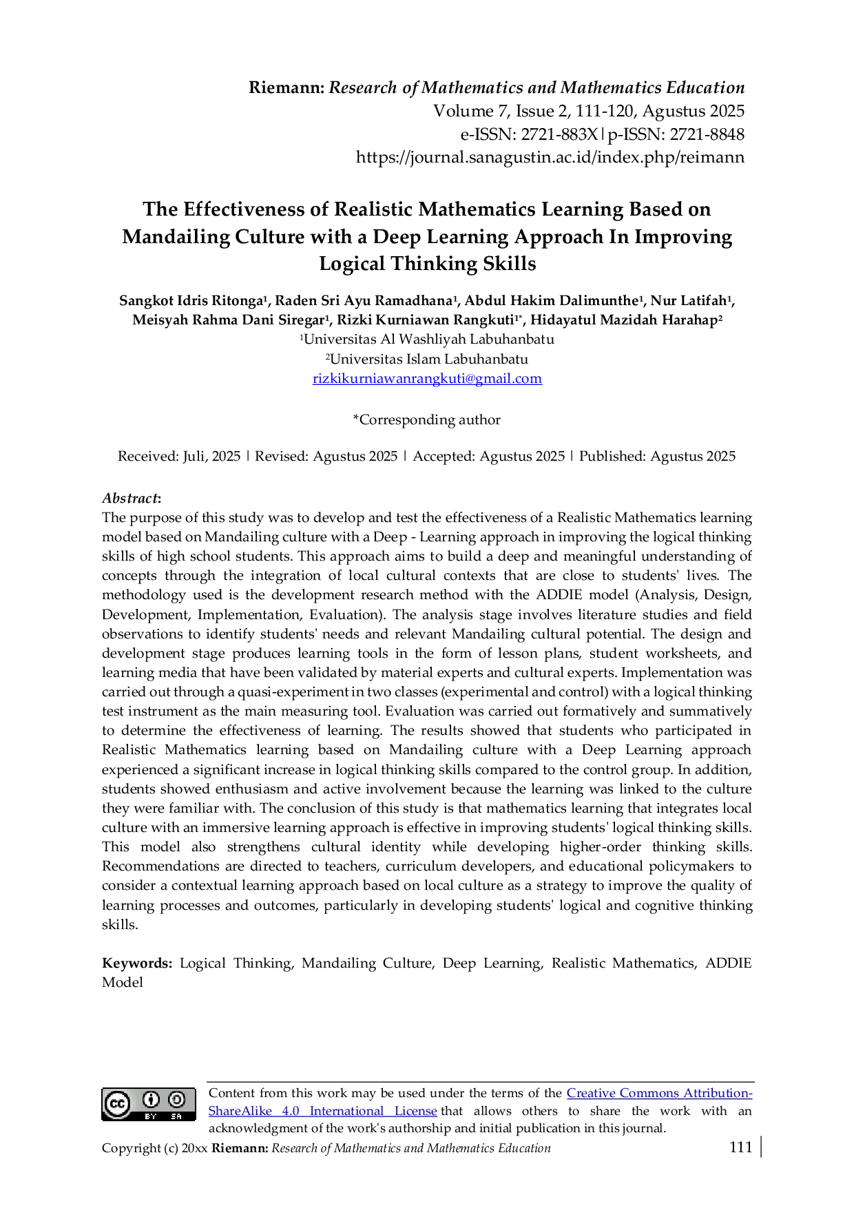 JURIS The Effectiveness of Realistic Mathematics Learning Based on Mandailing Culture with a Deep Learning Approach In Improving Logical Thinking Skills