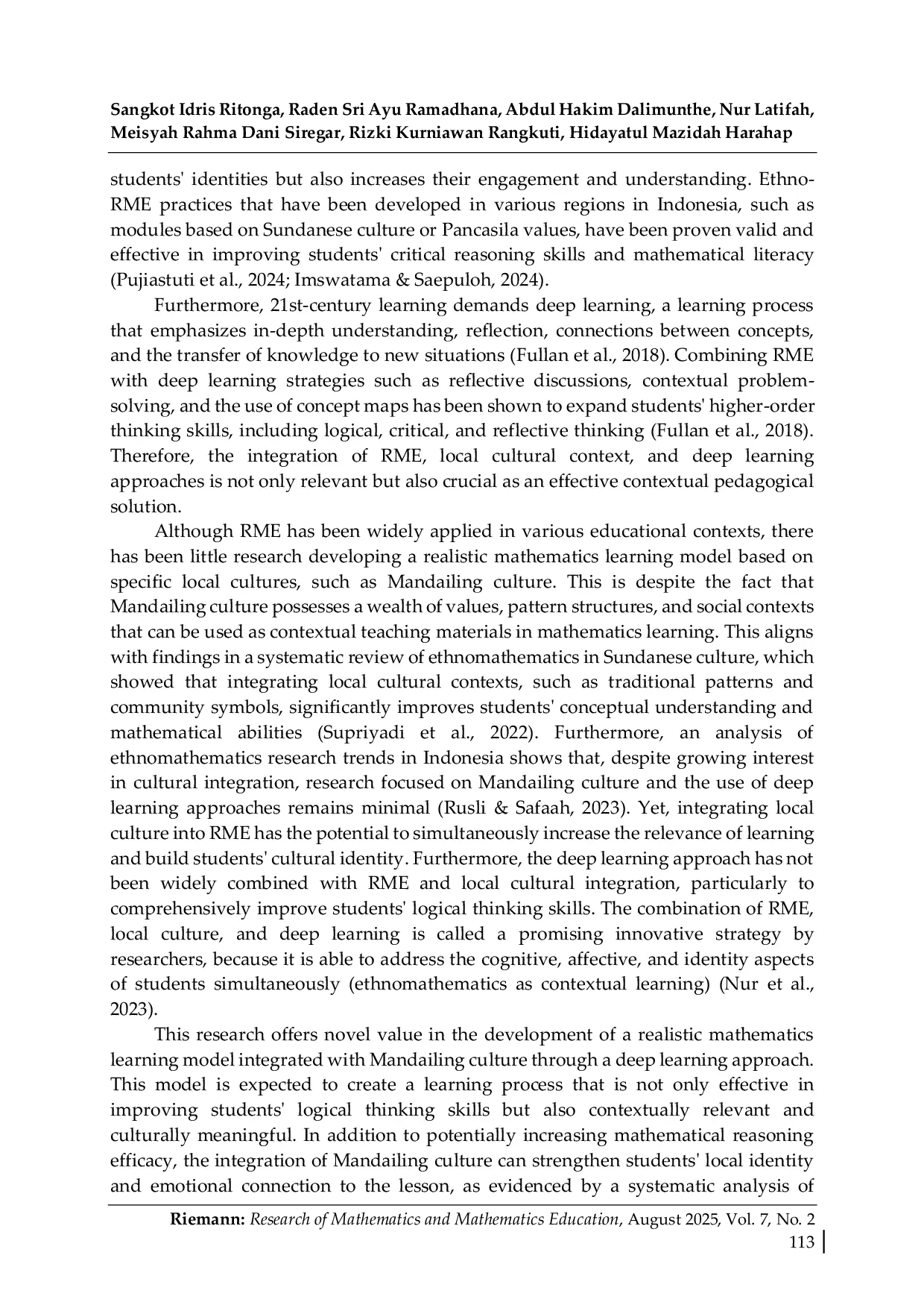 JURIS The Effectiveness of Realistic Mathematics Learning Based on Mandailing Culture with a Deep Learning Approach In Improving Logical Thinking Skills