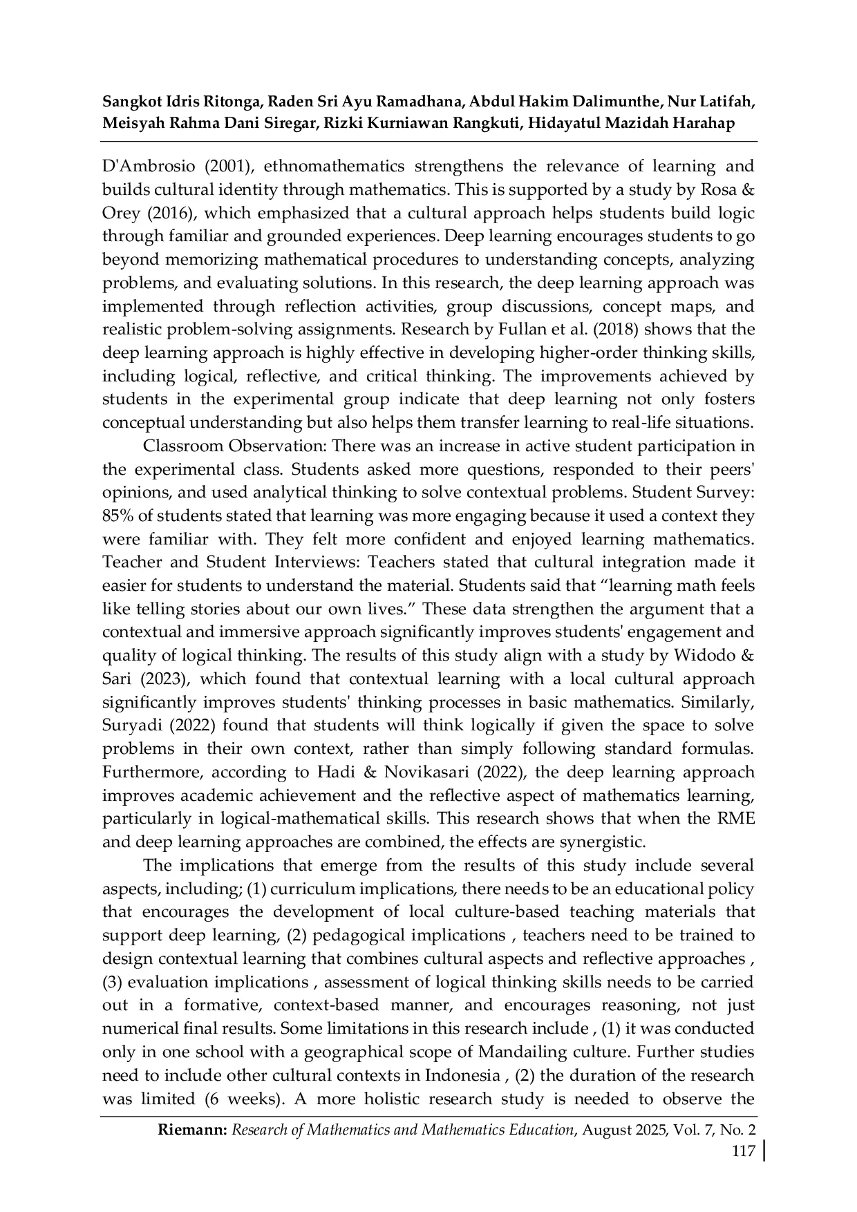 JURIS The Effectiveness of Realistic Mathematics Learning Based on Mandailing Culture with a Deep Learning Approach In Improving Logical Thinking Skills