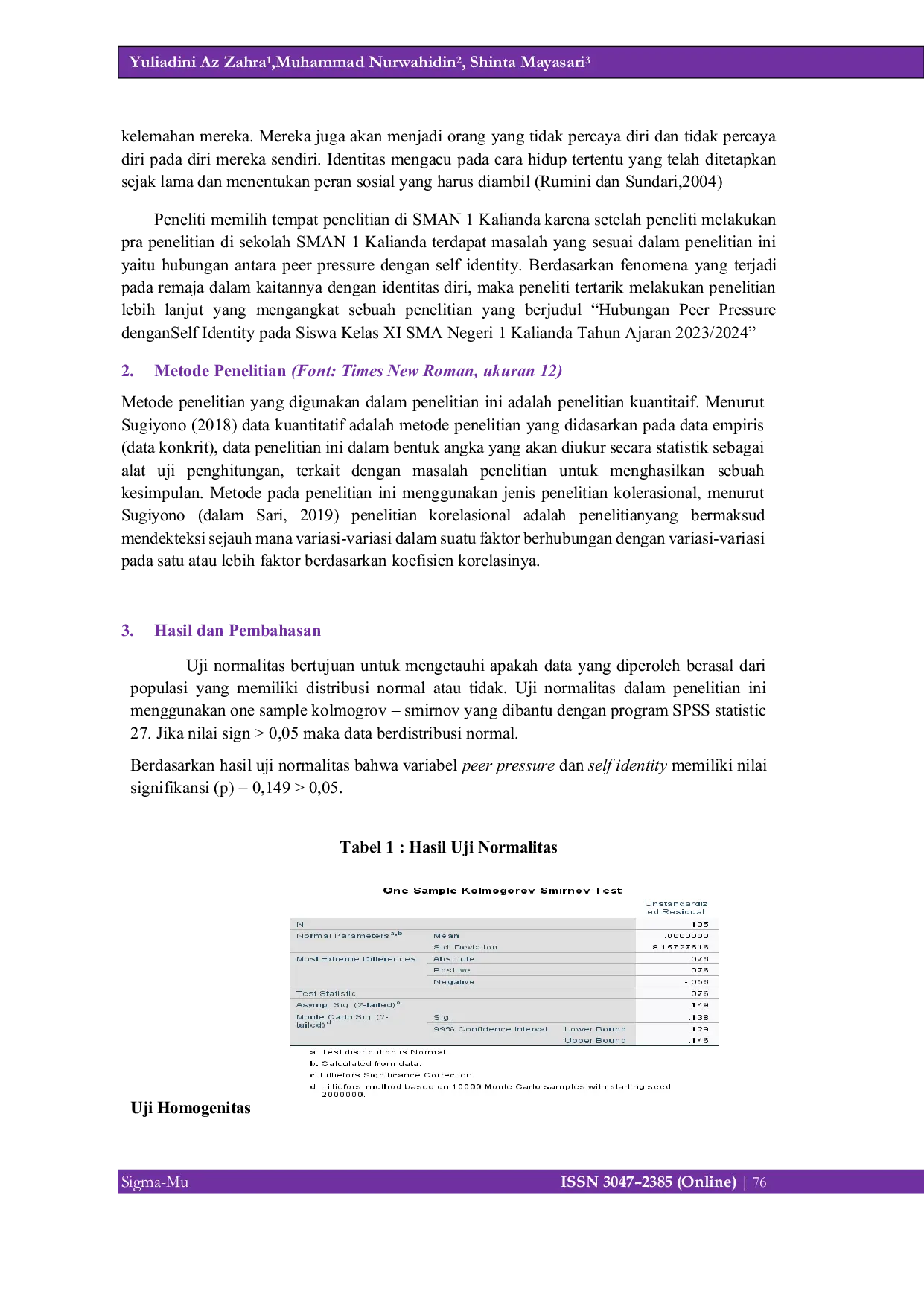 JURIS Hubungan Peer Pressure dengan Self Identity pada Siswa Kelas Xi SMA Negeri 1 Kalianda Tahun Ajaran 2023 2024