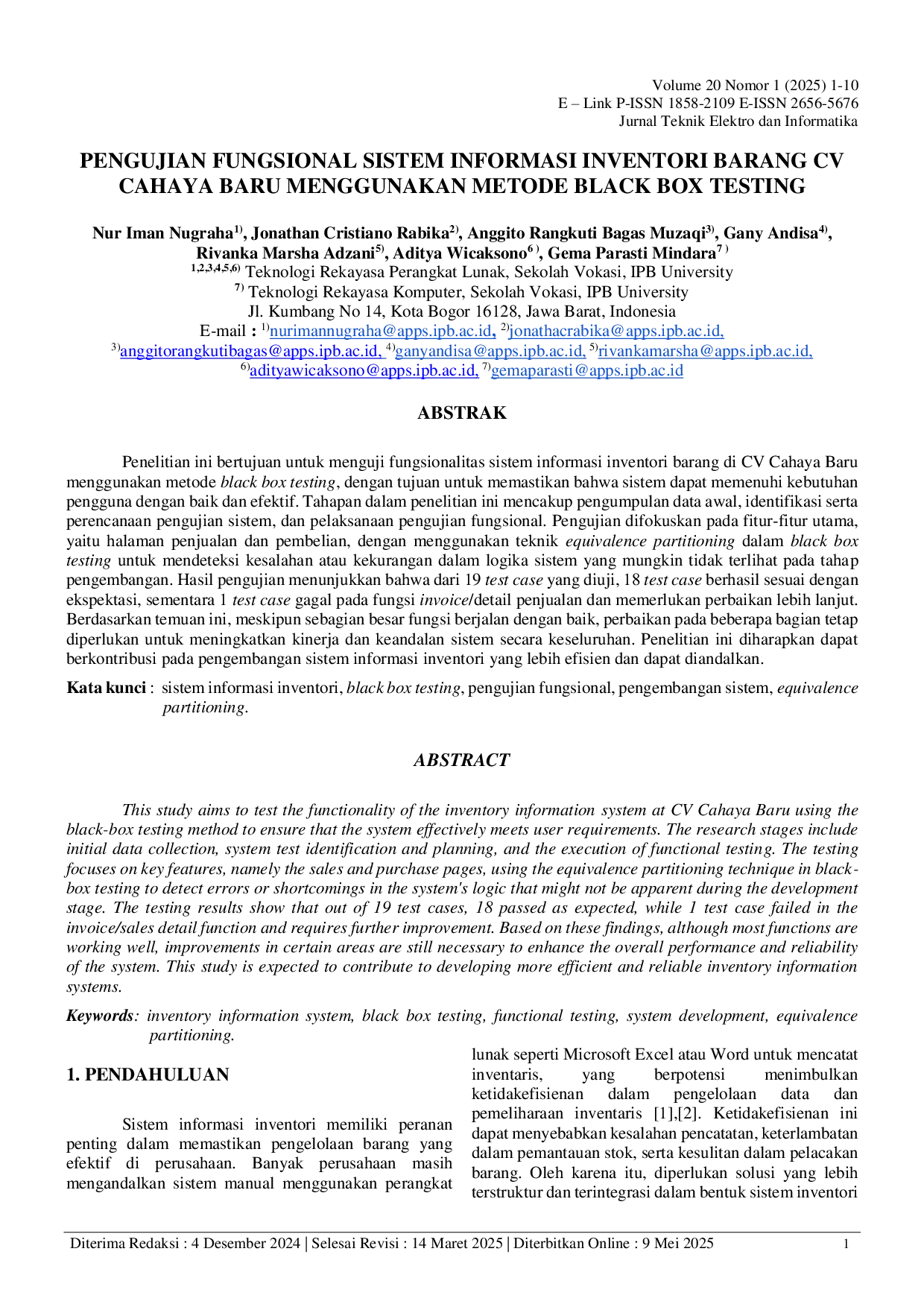 JURIS Pengujian Fungsional Sistem Informasi Inventori Barang CV Cahaya Baru Menggunakan Metode Black Box Testing